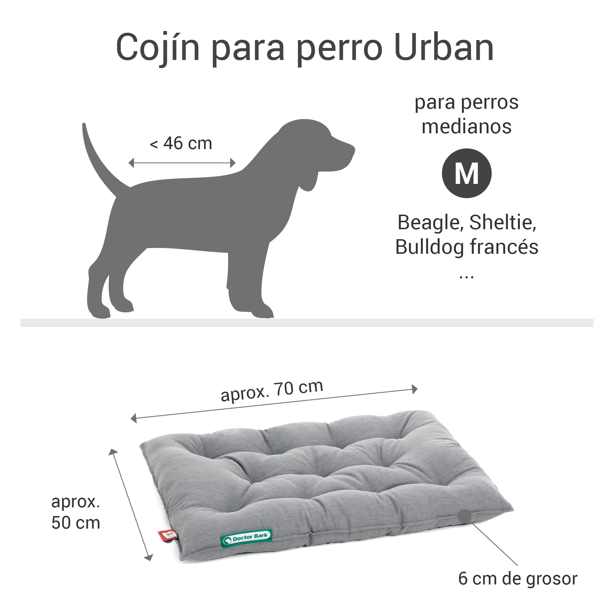 Doctor Bark Cojín para perros Urban – Cama ortopédica para perros medianos – lavable hasta 95 °C – Colchón para perros robusto para interiores y exteriores – Fabricado en Alemania (M – 70 x 50 cm,
