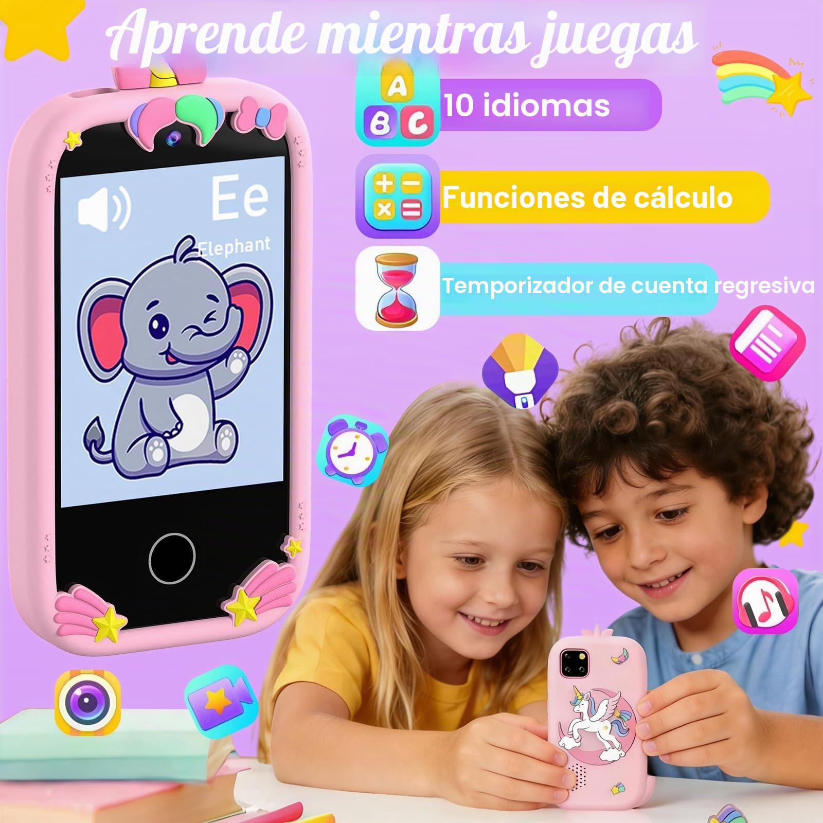 Smartphone Niños, Teléfono Móvil para Niños con Doble Cámara, Pantalla táctil de 2,8 Pulgadas, Música y Juegos, Tarjeta SD de 32 GB, Cumpleaños para Niñas y Niños de 3-10 Años