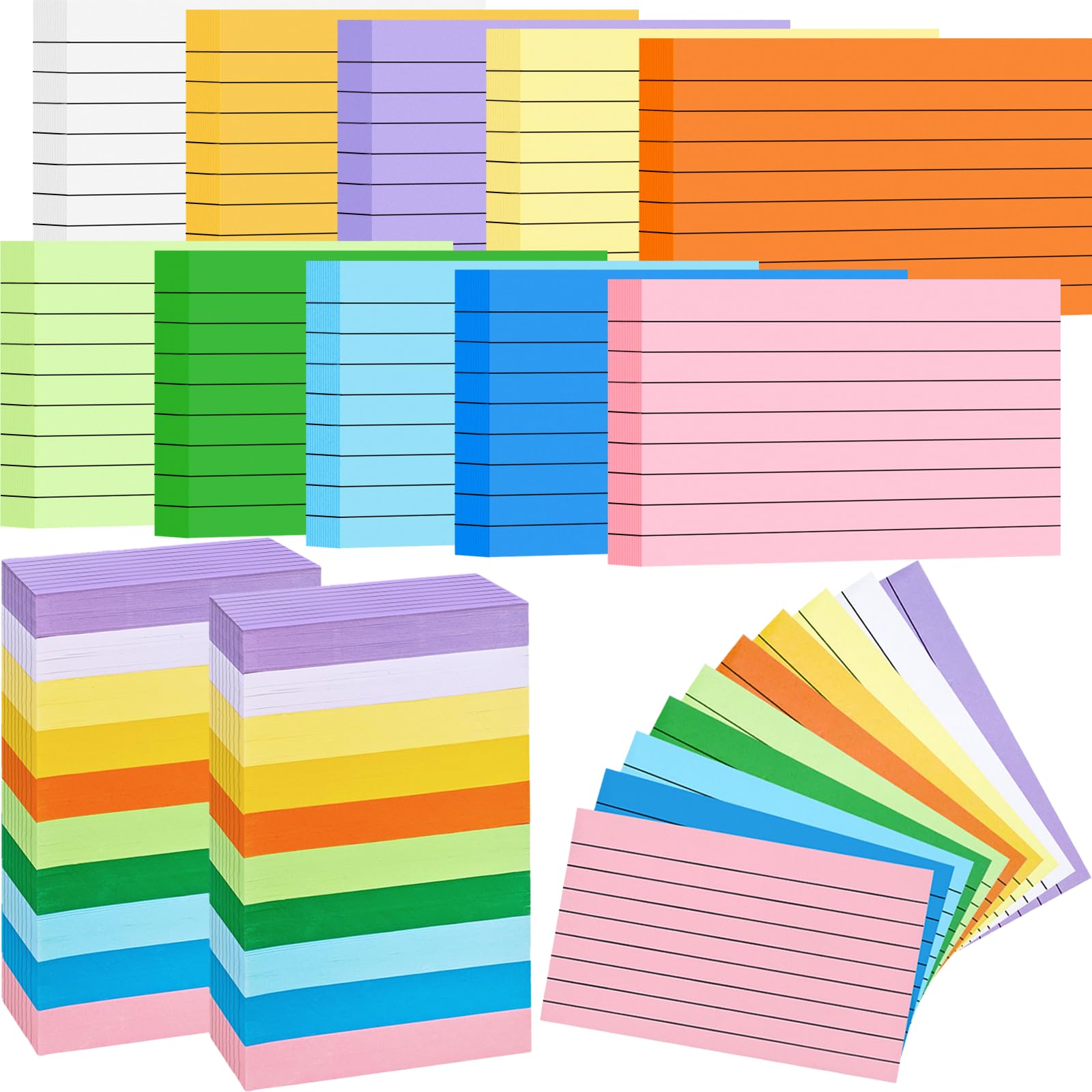 Farbige Karteikarten, 7,6 x 12,7 cm, liniert, zum Lernen, liniert, 7,6 x 12,7 cm, schwere farbige Karteikarten für Studium, Schule, Büro, Uni, 10 Farben