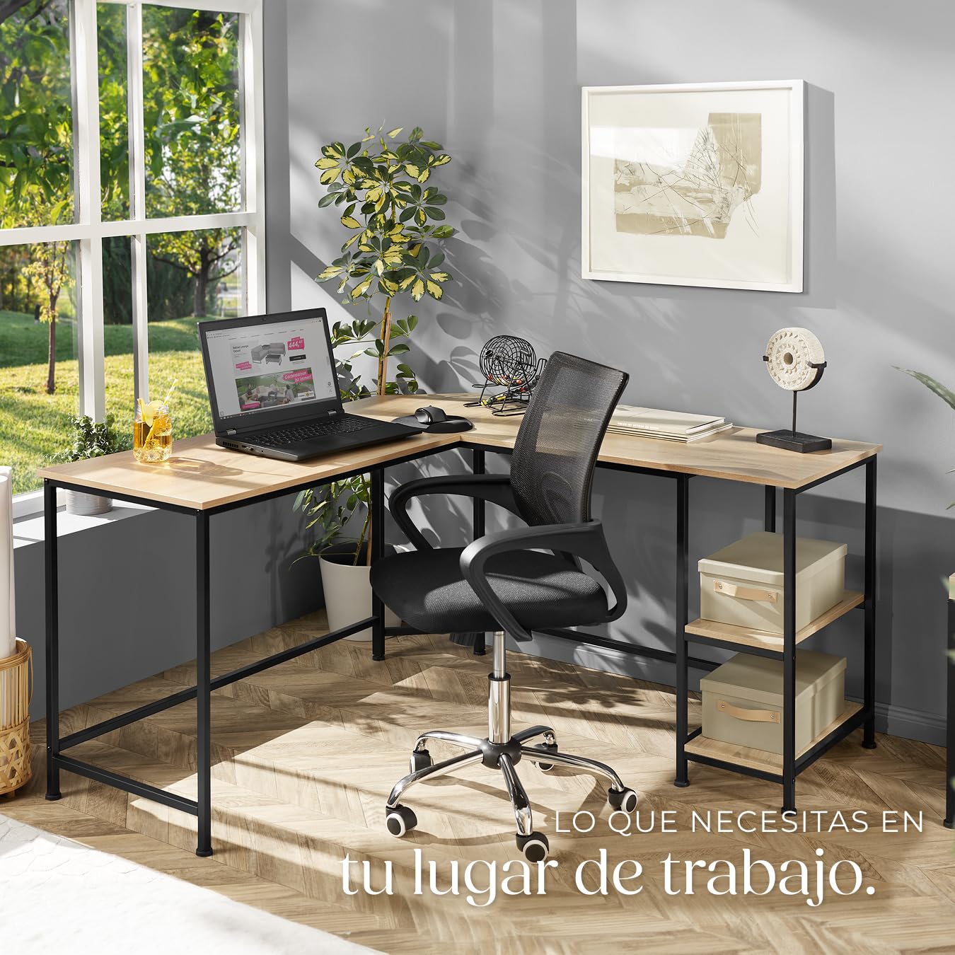 tectake® Escritorio de Esquina, Mesa en L con Estantes, Mesa Escritorio para Ordenador, Escritorio Industrial Madera Acero, Mesa de Oficina, Escritorio Estudio - Madera Industrial Clara, Roble Sonoma