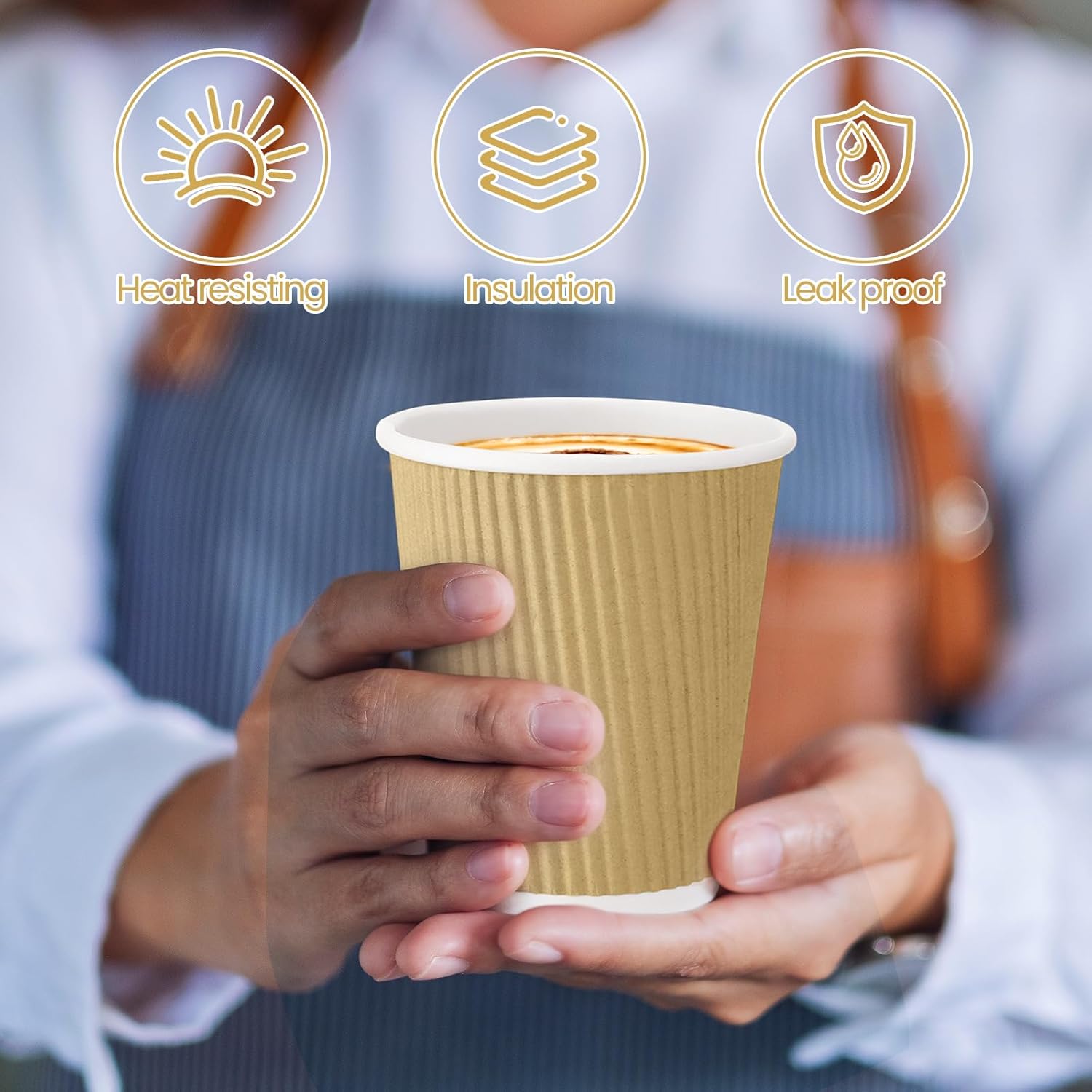 Funnymoom 200 Pack 8 oz Disposable Coffee Cups Insulated Corrugated Paper Coffee Cups for Hot Drinks or Cold Beverages Ripple Cup for Espresso Office Cafe Home, No Lids(Yellow)