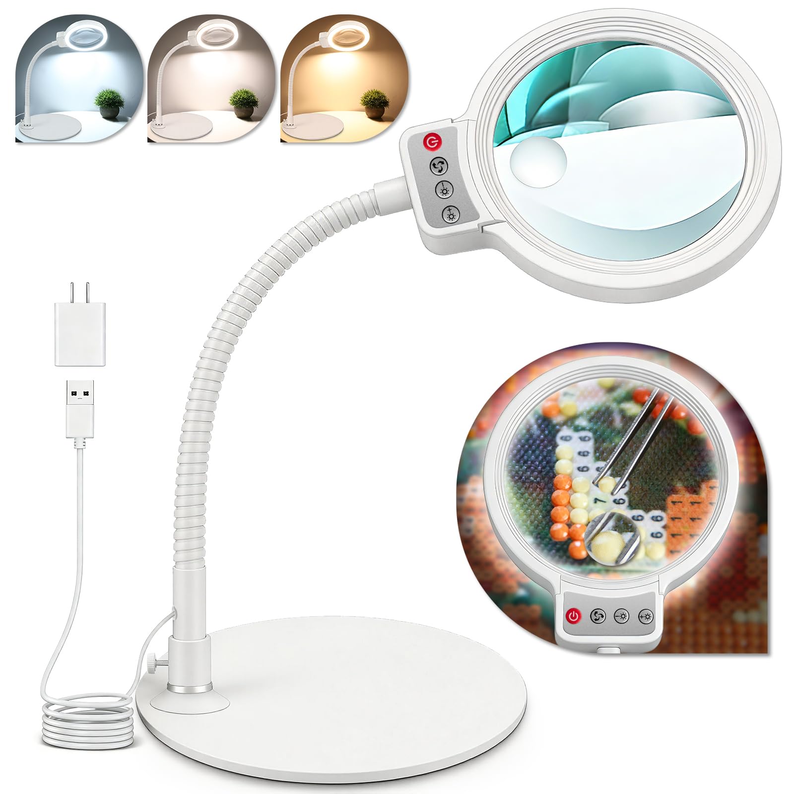 10-fache 30-fache Lupe mit Licht und Ständer, 72 LEDs, 3 Farbmodi, stufenlos, dimmbar, freihändig beleuchtete Lupe, Schreibtischlampe für Naharbeit, Handwerk, Hobby, Malen, Nähen, Schmuck, Lesen (weiß