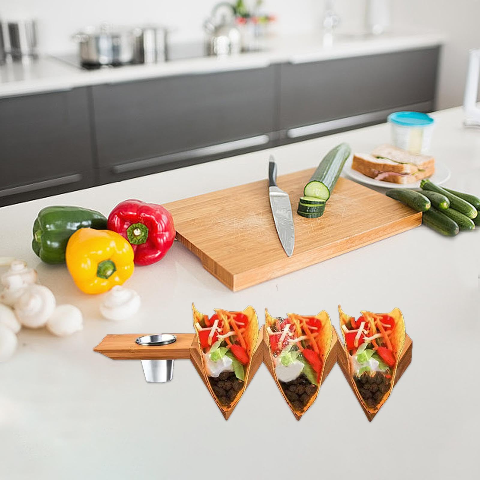 Bamboo Taco Holder Pancake Stand Burrito Potato Chips Rack Taco Shell Holder Taco Display Plate for Living Room Home Pancake, with Bowl