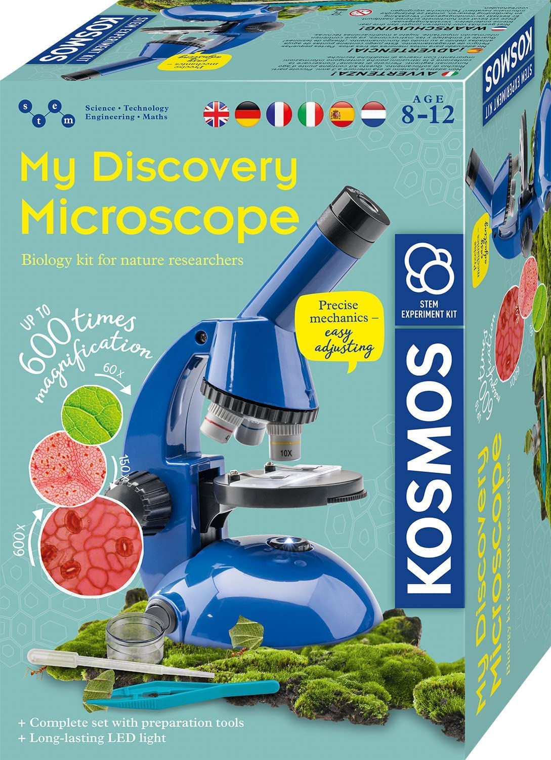 KOSMOS 616984 Entdecker-Mikroskop, Präparate vergrößern und Naturwissenschaften entdecken, Experimentierkasten mit mehrsprachiger Anleitung (DE, EN, FR, IT, ES, NL), ab 8 Jahren, Mint Spielzeug