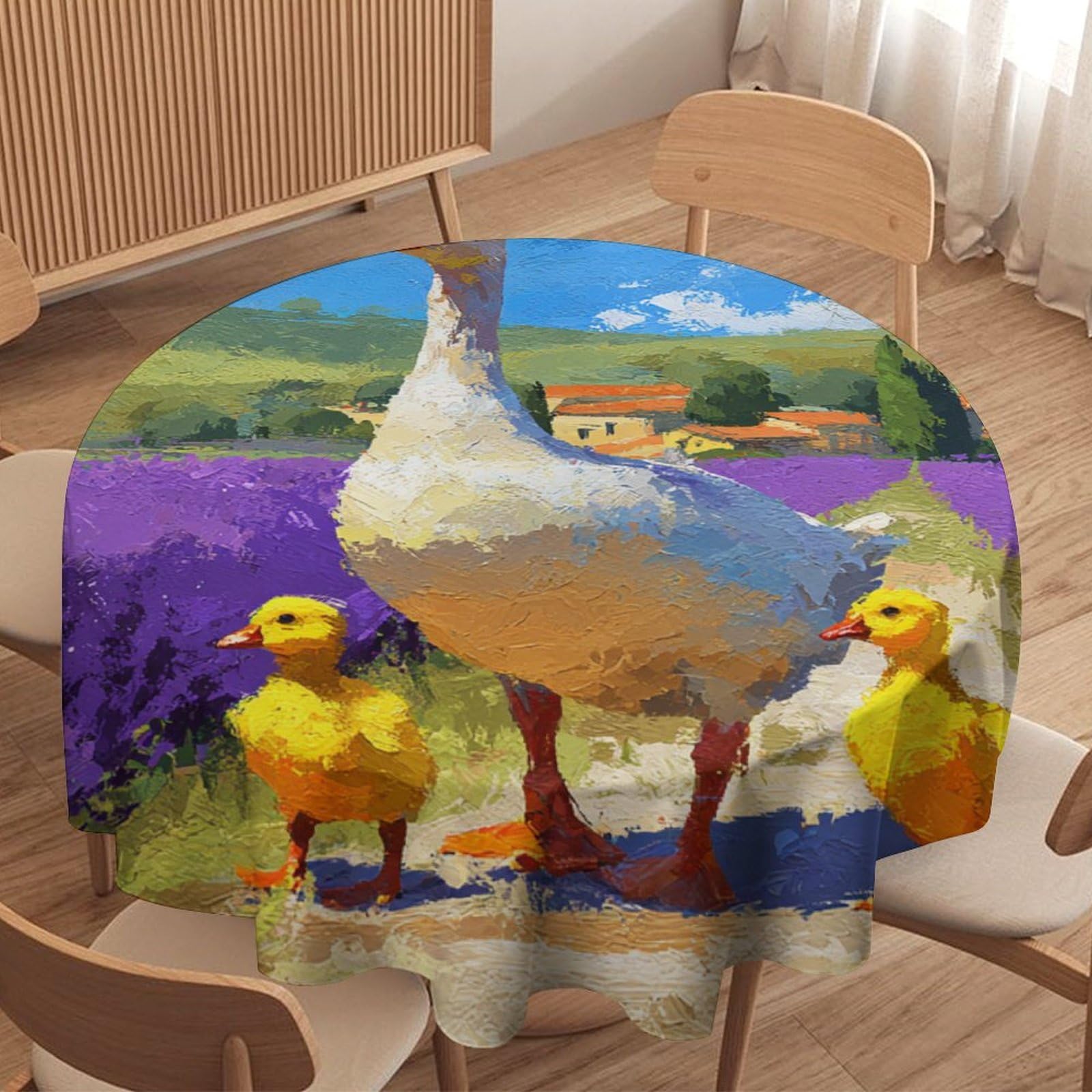 LUYYSKY Vintage Abstract Cute Duck Round Tablecloth Classic Oil Painting Farm Lilac Lavender Field Animal Duckling Washable Decor for Table Cover for Kitchen-127 Wx127 L cm