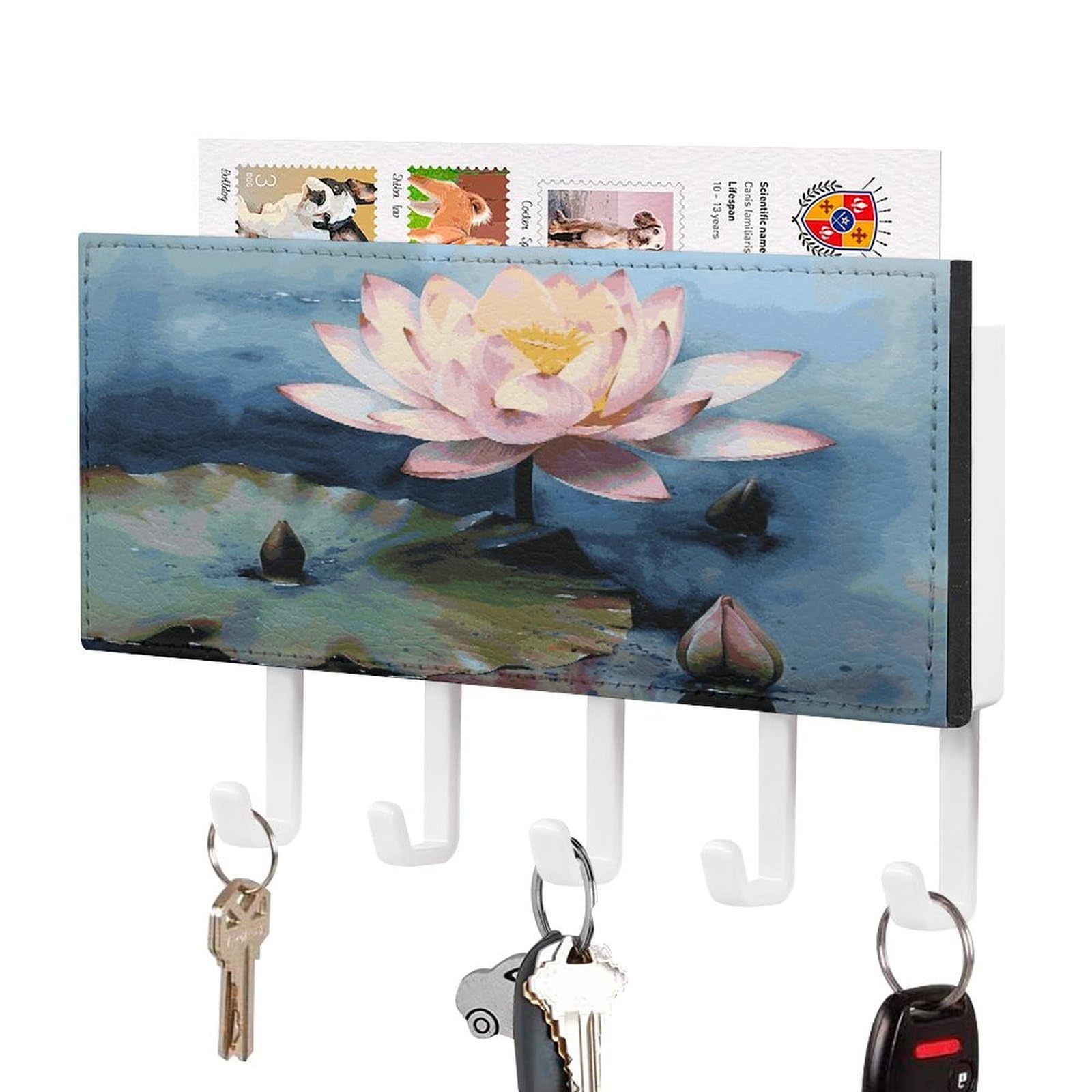 FekiLoot Lotus Flower Painting Key Holder for Wall Decorative Mail Organizer with 5 Key Hook Self Adhesive Key Rack with Tray Coat Rack Wall Mount Key Hanger Decor for Entryway Door