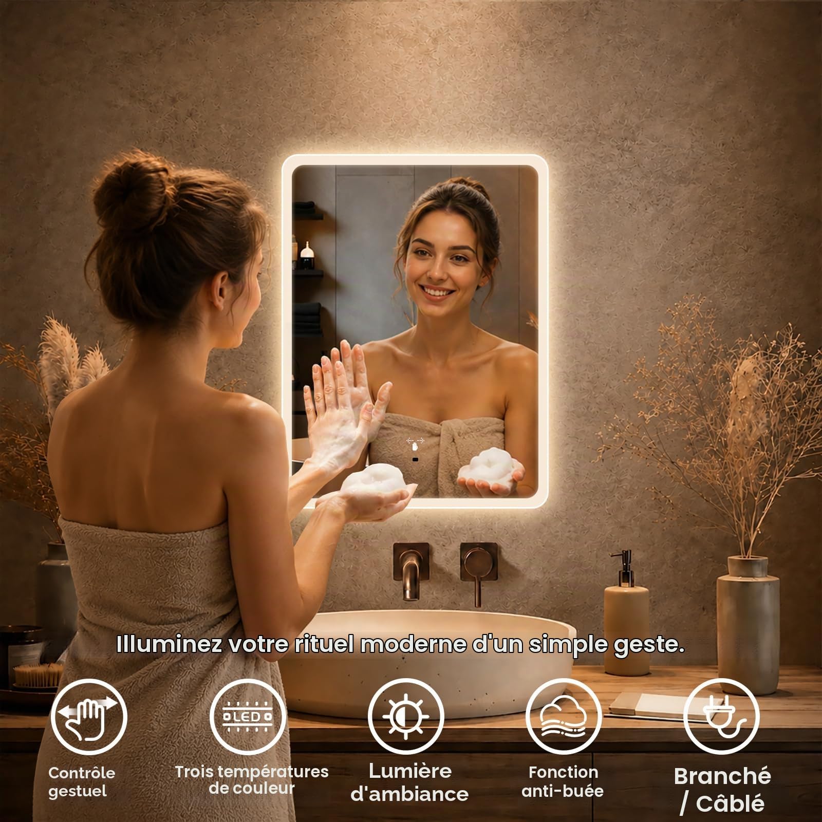 Miroir de salle de bain avec éclairage 60 x 45 cm