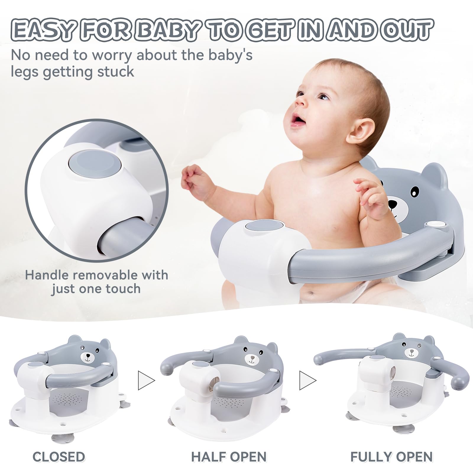 Seggiolino per Vasca da Bagno per Bambini,Seggiolino da Bagno,Sedia Doccia Bambini,Schienale Ergonomico e Barra di Sicurezza Apribile,Sicuro e Antiscivolo,Regalo per Neonati e Neomamme