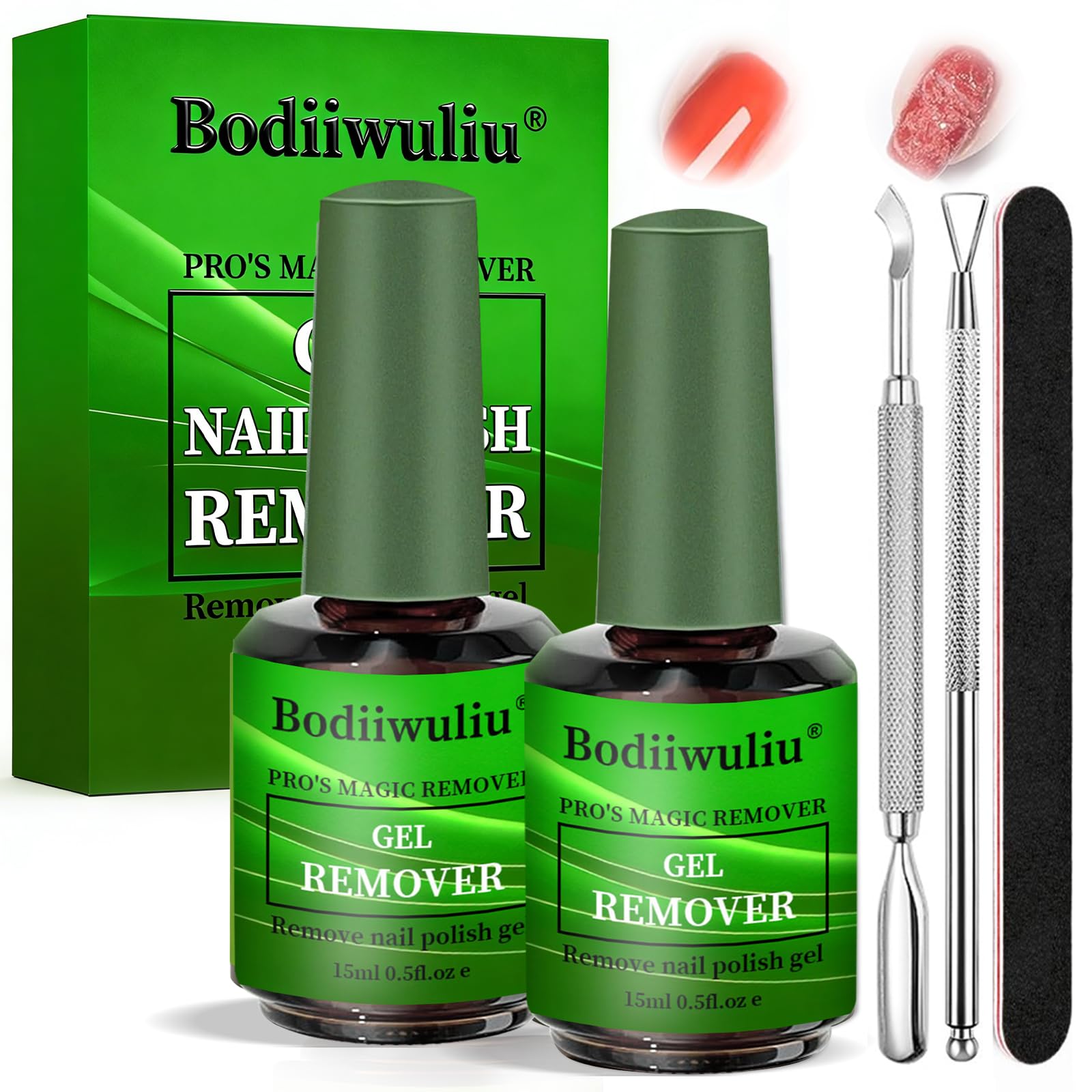 2 Pièces 15ml Magic Remover pour Faux Ongle, Dissolvant Vernis Semi Permanent, Gel Nail Polish Remover, Sans Abîmer les Ongles, Avec Limes à Ongles et Grattoir à Cuticules