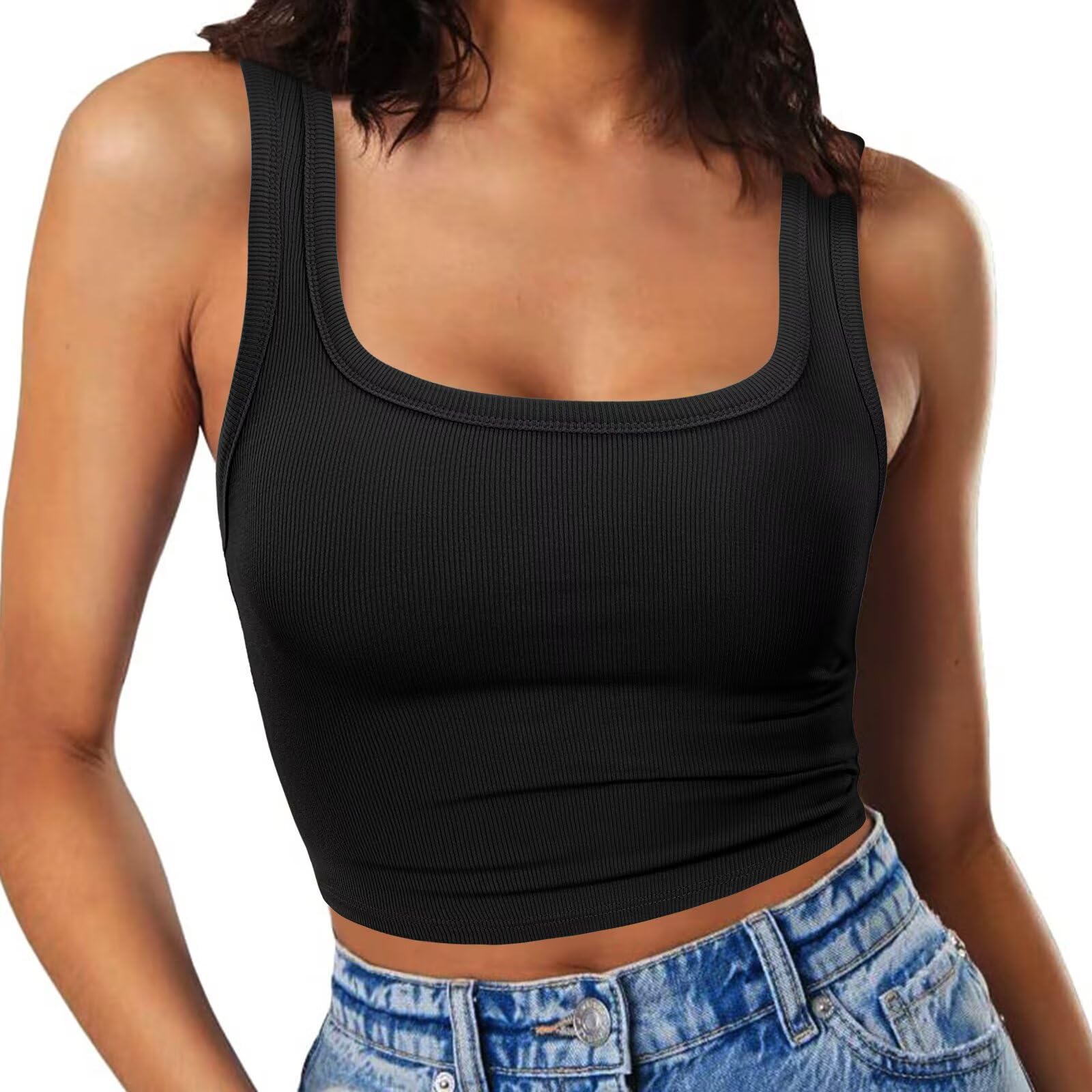 RIROW Damen Ärmelloses Tank Top Slim Fit Quadrat-Ausschnitt Geripptes Basic Oberteil XS Schwarz