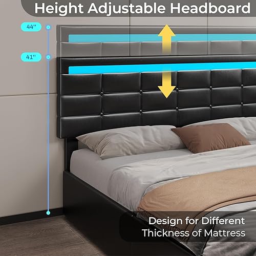 Miniatura 8 de ADORNEVE Marco de Cama Queen con Luces LED Cama Plataforma de Cuero con Cajones de Almacenamiento y Estación de Carga, Marco de Cama LED Tamaño Pu