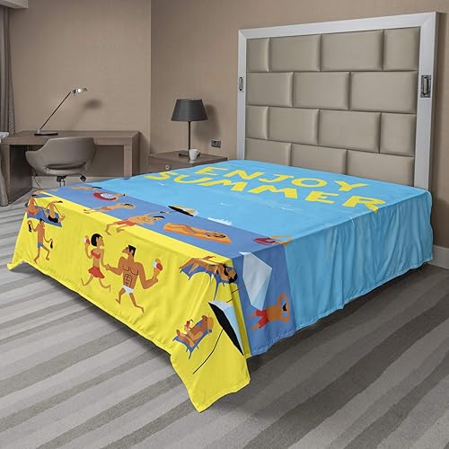 Miniatura 2 de Ambesonne Hello Summer Flat Sheet, People Having Fun at a Tropical Beach Relaxing Summer Vacation Cartoon Style, Soft Comfortable Top Sheet