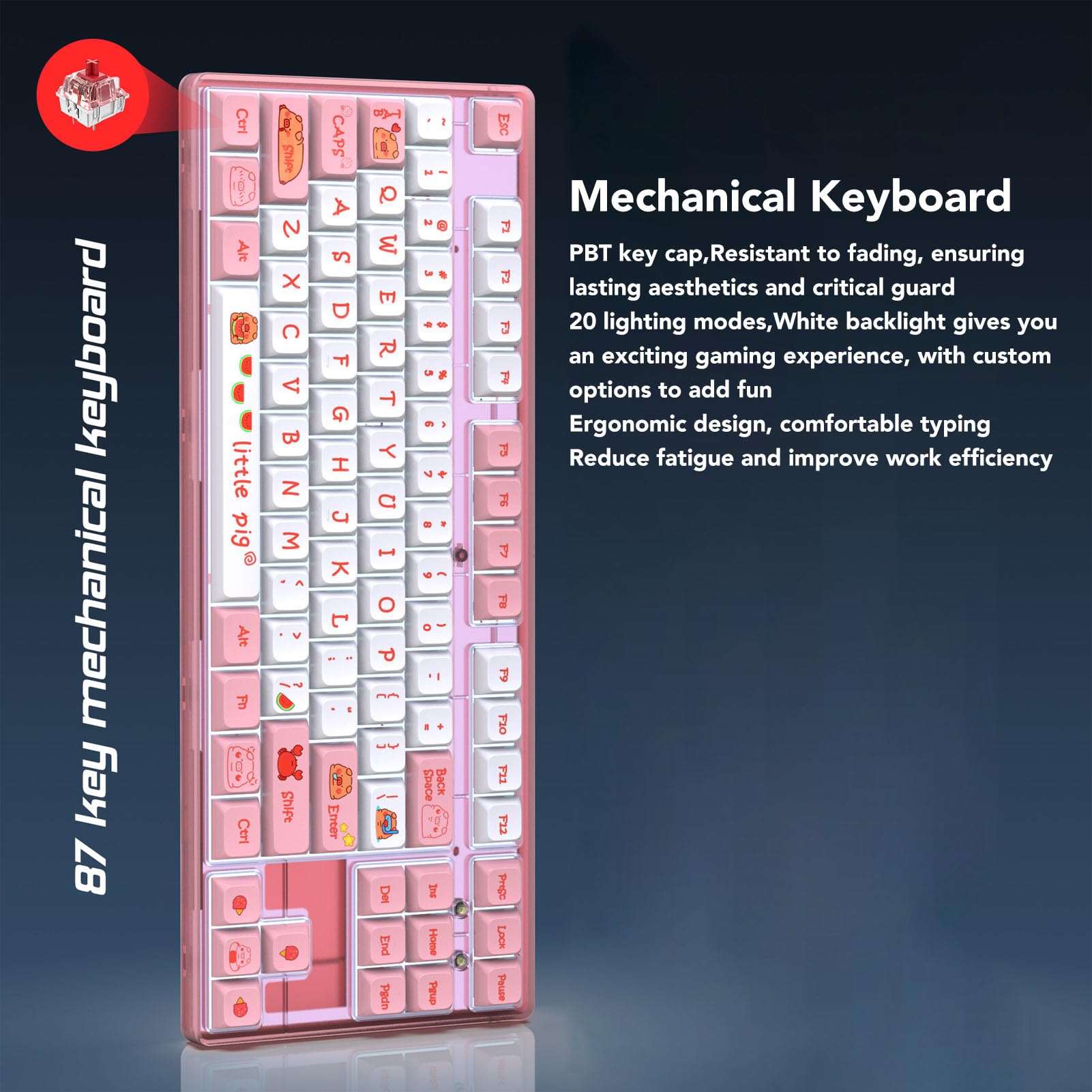 Aramox Teclado Mecánico 87 Teclas, Interruptor Rojo Retroiluminación Blanca