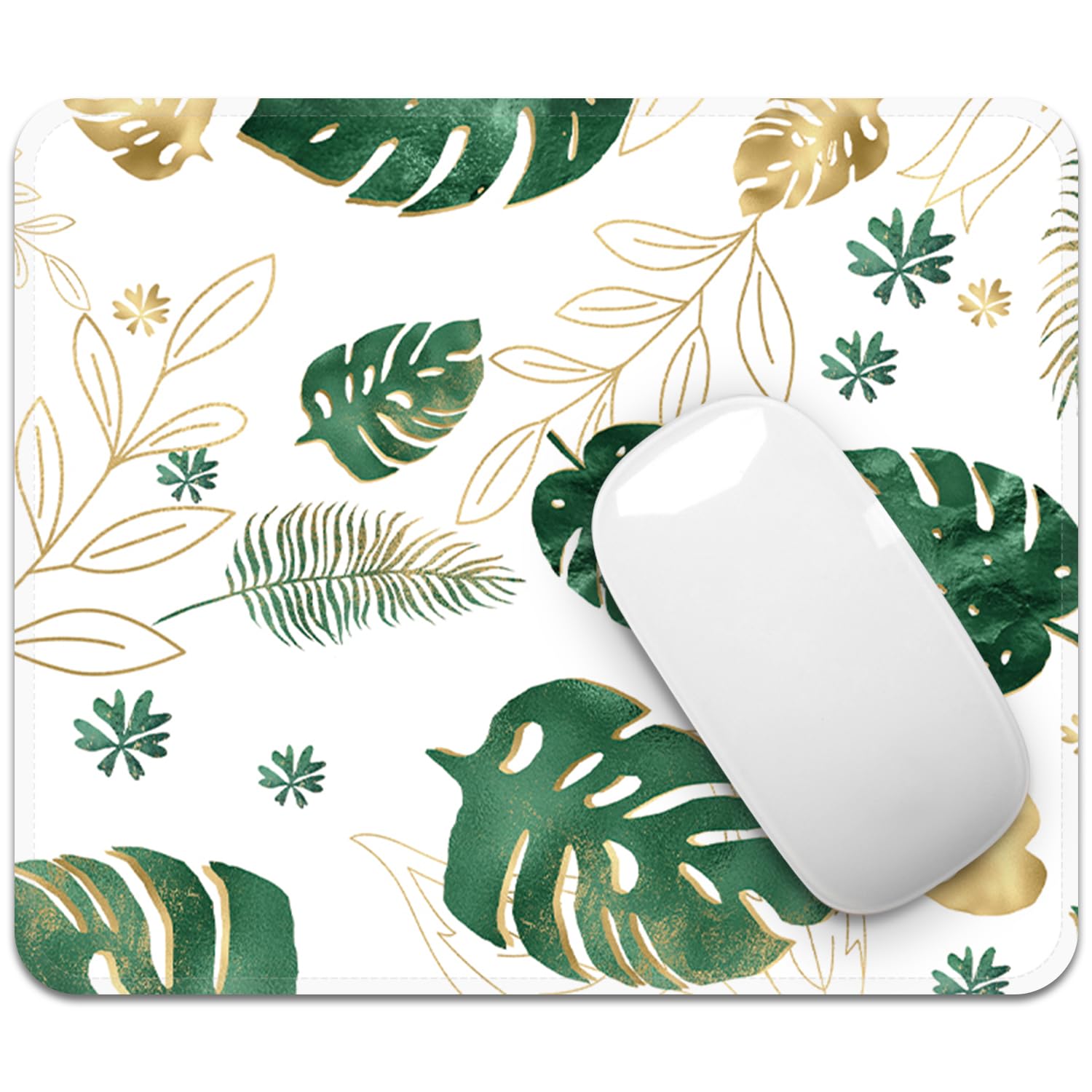 FROGIGO Mouse Pad with Stitched Edges - Tropical Leaf Mousepad for Women, 9.25 x 7.75 inch Washable Square Desk Pad, Non-Slip Rubber Base, Office Home Laptop Accessories - Golden Monstera
