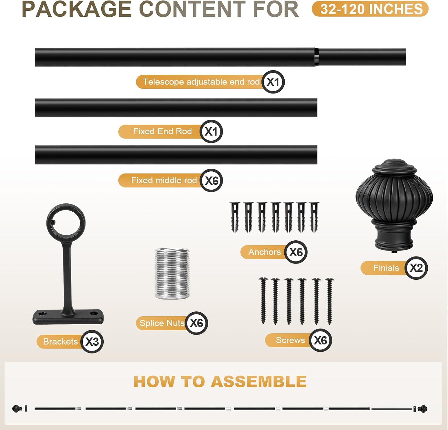 1 Inch Diameter Adjustable Splicing Black Curtain Rods with Brackets for Windows (Black, 32"- 120"/1 Pack)