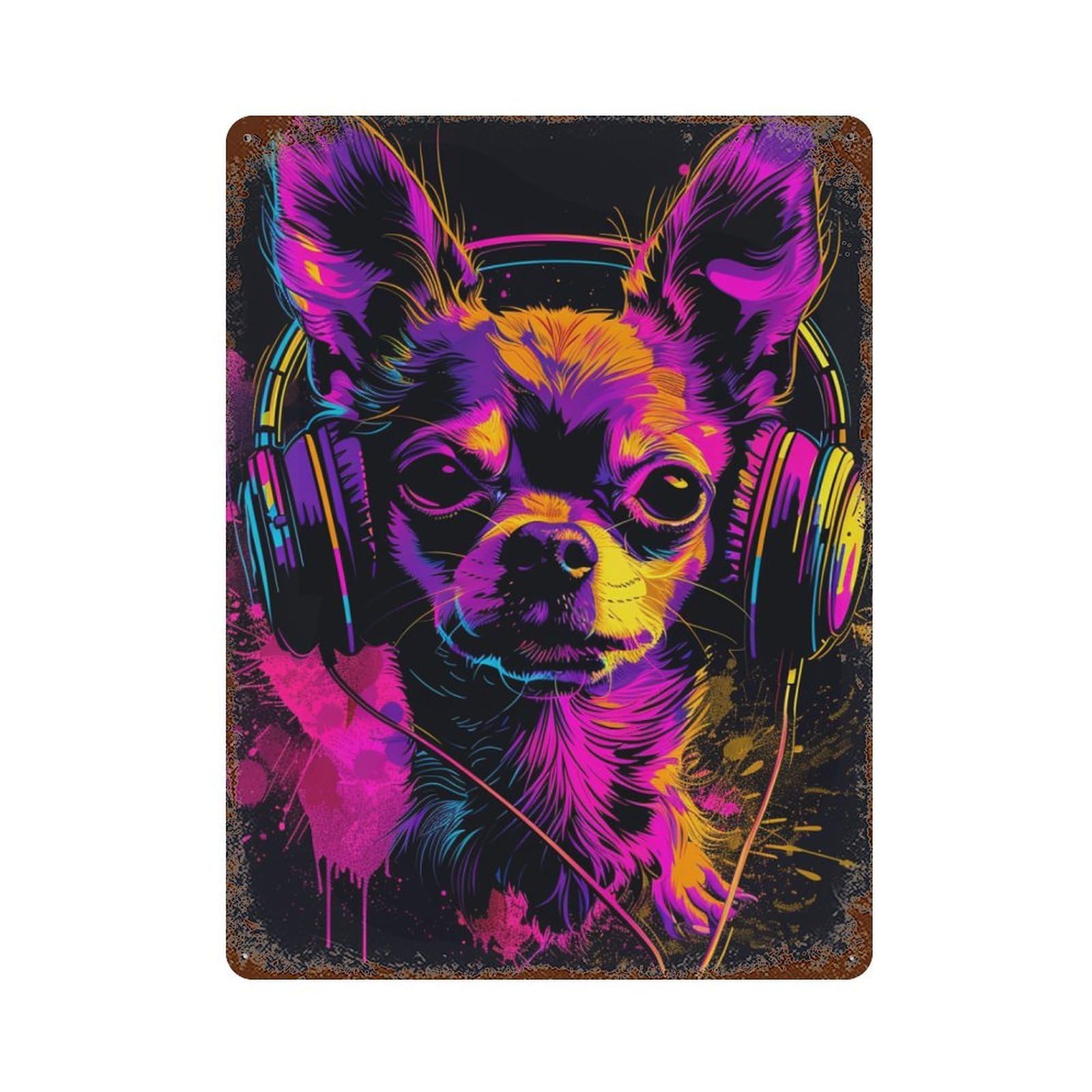 Neon Chihuahua Headphones Art Print Distressed Metal Wall Sign 15.7"x11.8", Rustic Home Decor for Living Room, Hallway And Home Decor