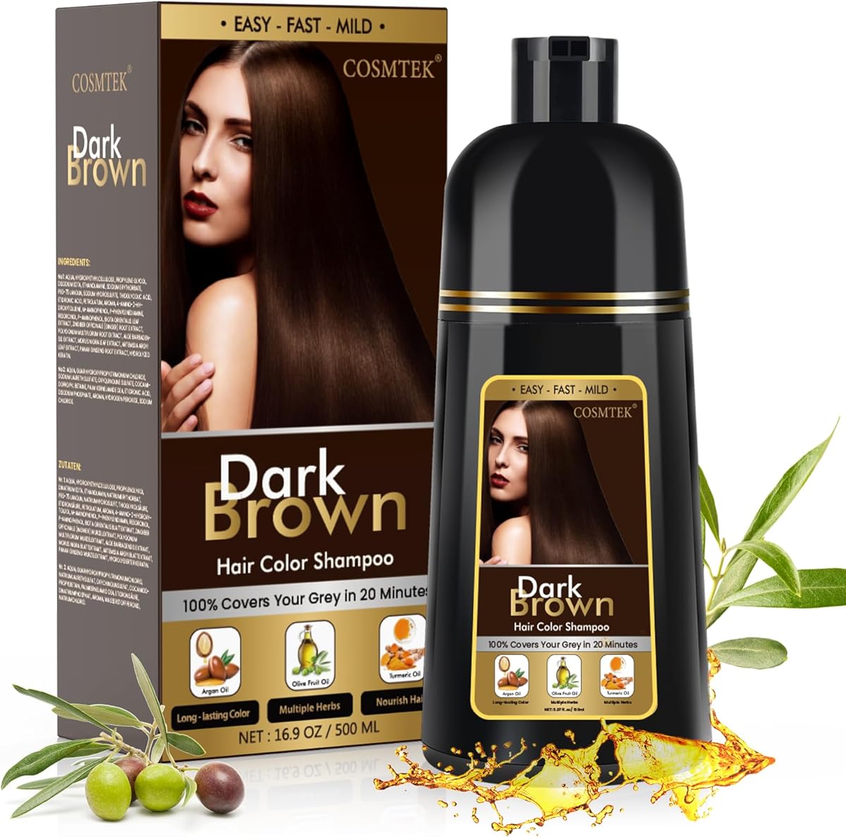 Dark Brown Hair Dye Shampoo Permanent for Men&Women, 3-In-1 Shampoo for Treated & Gray Hair Coverage, Lasts 30 Days/500ml/Natural herbal Ingredients