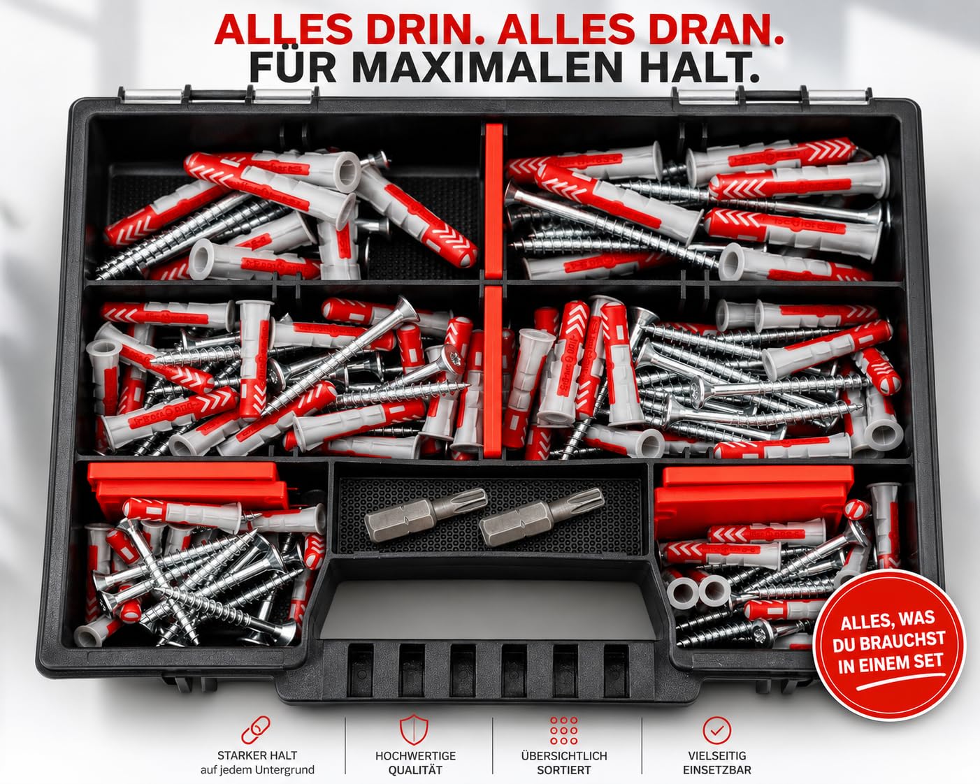 Fischer DuoPower Set de chevilles + vis avec embouts, assortiment de 162 pièces Chevilles de différentes tailles – 25 pièces 5 x 25 mm + 40 pièces 6 x 30 mm + 15 pièces 8 x 40 mm + vis chevilles
