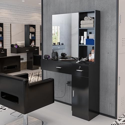 Miniatura 8 de Estaciones de peluquería de montaje en pared para estilista, organizador de equipos de belleza con espejo, gabinete de suministro de peluquería con