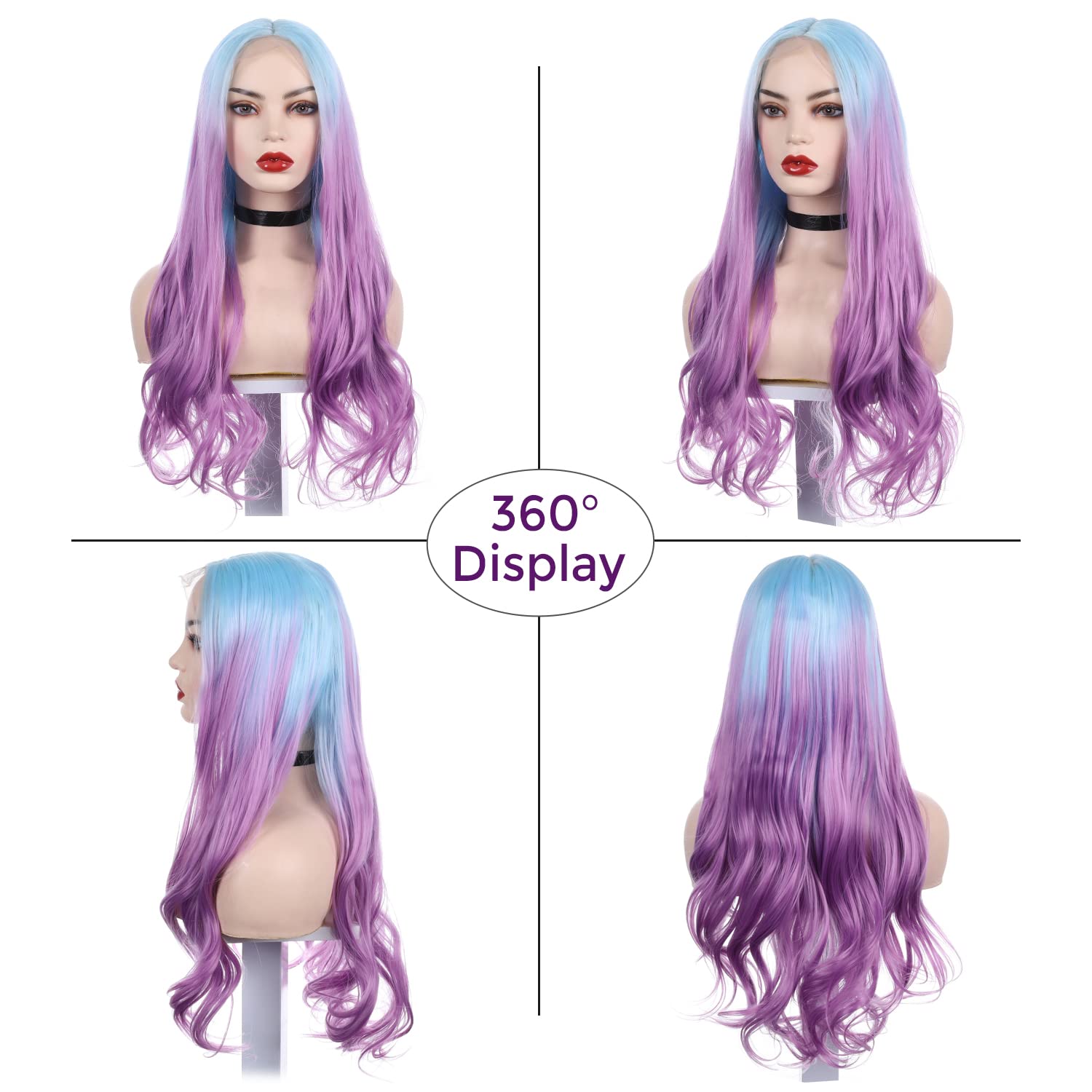 FUHSI Blue Ombre Purple Lace Front Wigs for Women Long Wavy Lavender Wig Synthetic Replacement Hair for Girls Cosplay Party Use