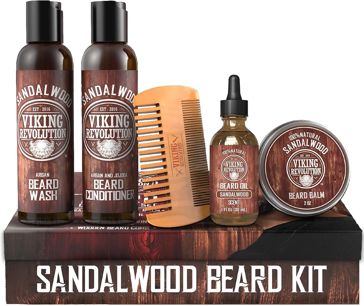 Beard Conditioning Kit - Sandalwood, 5 Products Included | Contains Wash & Conditioner (5oz), Oil (1oz), Balm (2oz) and Comb - Strengthens Hair Strands From Root to Tip