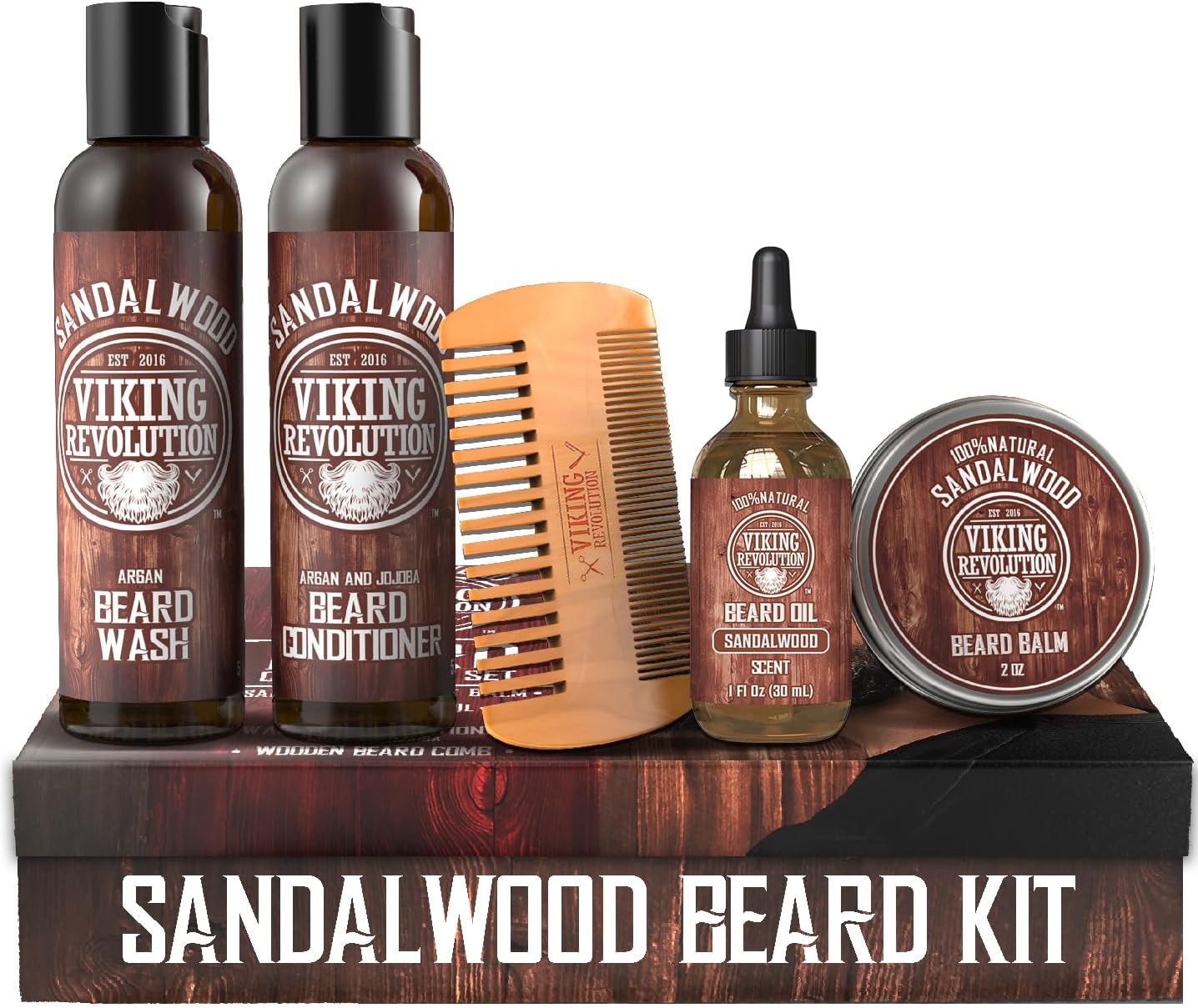 Viking Revolution Beard Grooming Kit - With Beard Wash, Conditioner, Oil, Balm & Comb - Softens, Smoothes, Soothes - Sandalwood Scent - Gifts For Men