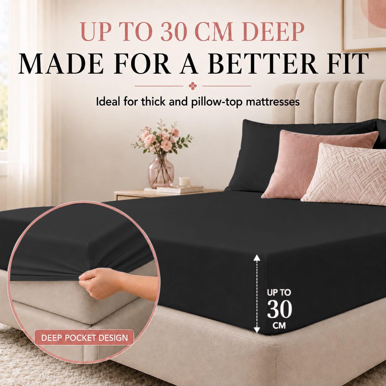 2 Pack King Microfibre Fitted Sheets 30cm Deep Bed Sheets, Black - Image 5