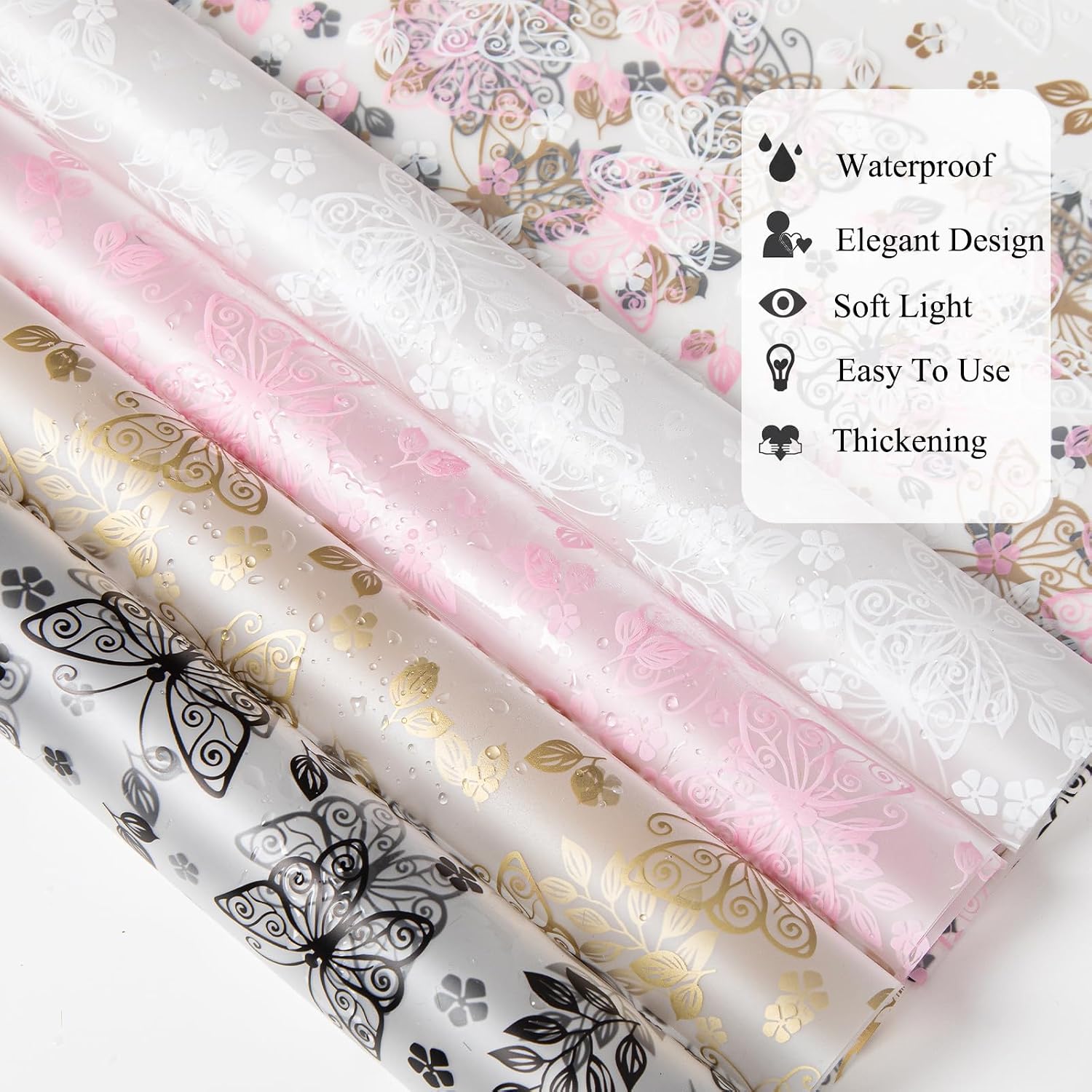 Gloreyan 20 Sheets Flower Wrapping Paper with Butterfly, Florist Bouquet DIY Craft Fresh Flower Wrapping Paper Waterproof Floral Wrapping Gift Packaging Material Florist Supplies(Black) image 3