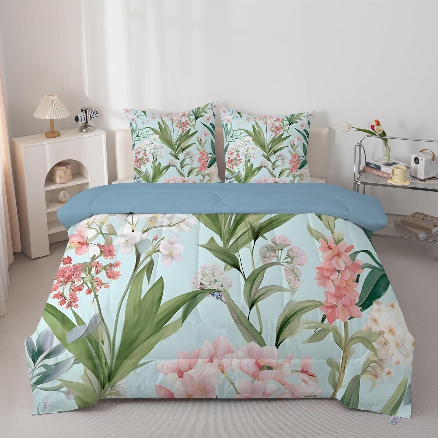 Couette 240x260 chaude motifs floraux vert menthe avec 2 taies d'oreiller 65x65 pour lit 2 personnes