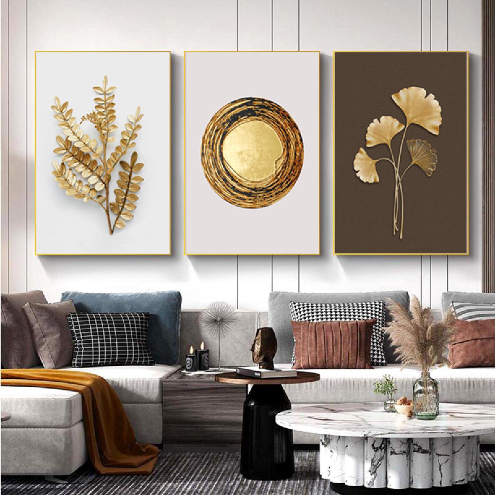 Dsdsgog Frameless Abstract Modern Golden Leaf Wall Art Luxury Circle Poster And Print Nordic Canvas Painting Wall Pictures Living Room Decor 50X70cmx3