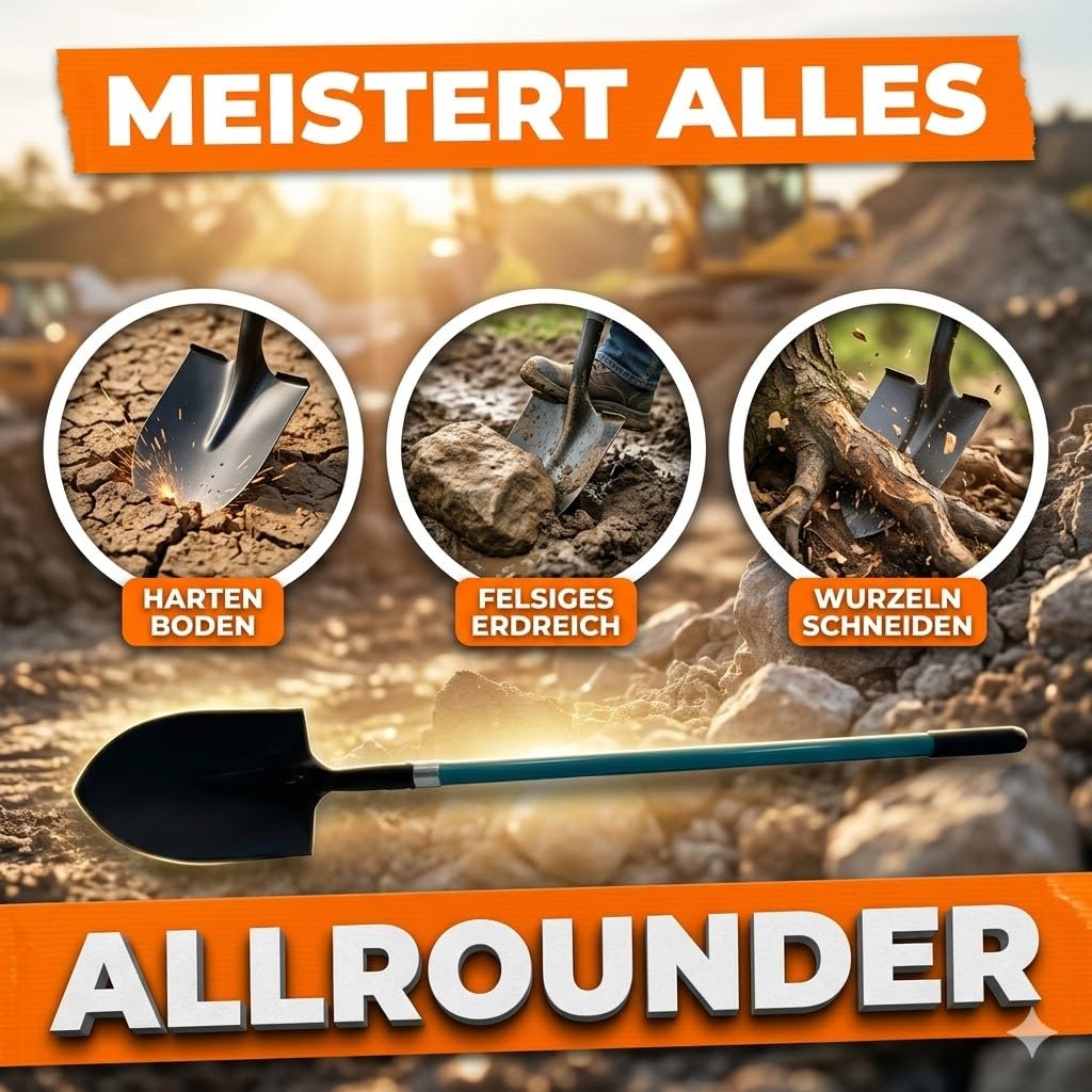 Spatenschaufel mit Fiberglasstiel – robuste Schaufel mit Trittkante, 1.550 mm Reichweite, Starkes 210×290 mm Blatt & ergonomischem Knopfgriff – ideal für Garten, BAU & schwere Erdarbeiten