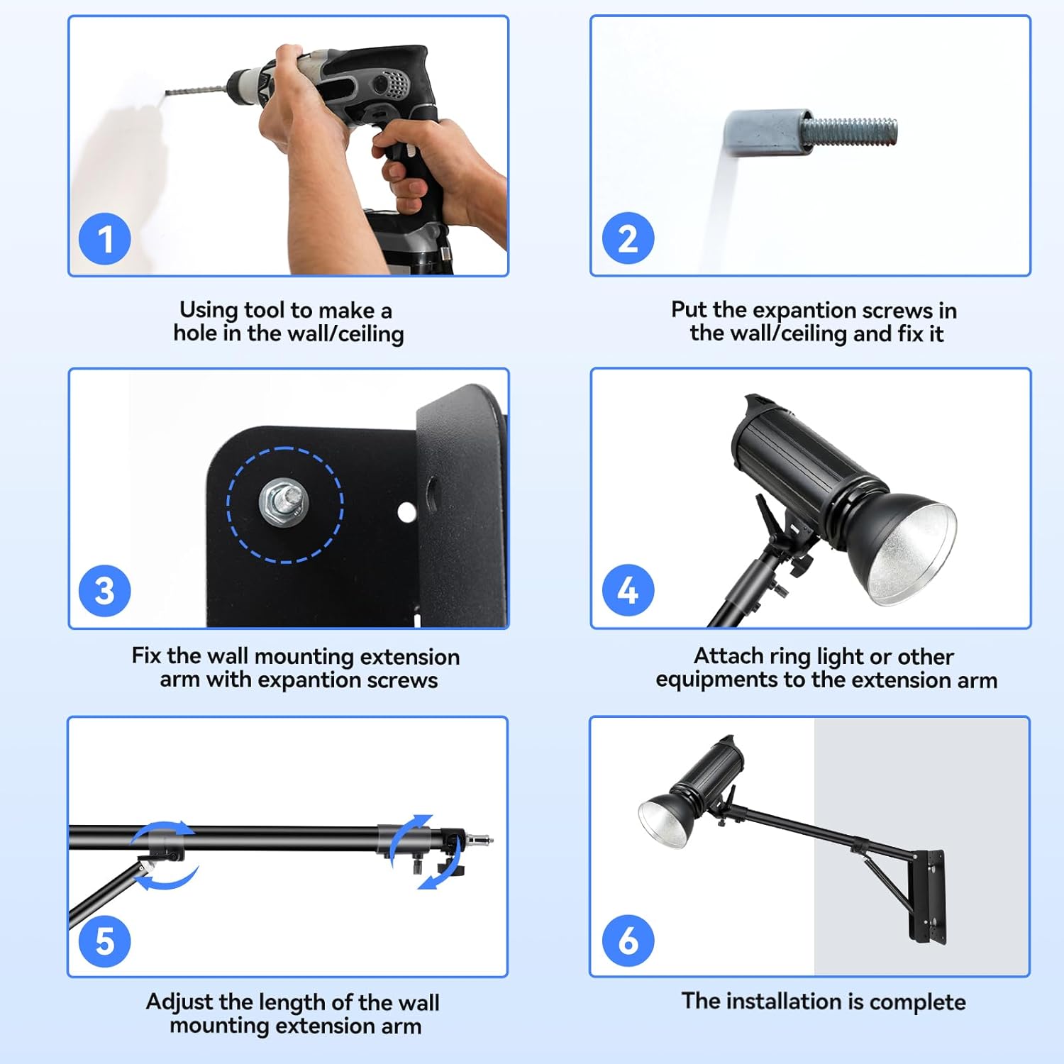 Takerers Ring Light Wall Mount, 5.9ft /71 inch Wall Ring Light Mount,180º Flexible Rotation,Triangle Boom Arm with 3/8 & 1/4 Screw for Photography Light, Monolight, Softbox, Umbrella, Reflector