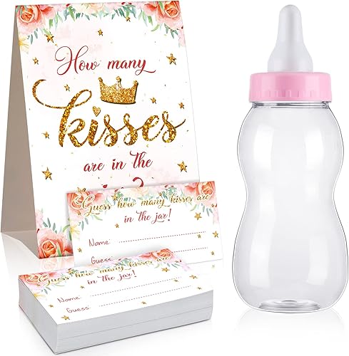 Fuutreo Cartel de juego Guess How Many Baby Shower con 50 tarjetas, decoración de biberones grandes de 2.76 x 2.76 x 8.27 pulgadas, botellas