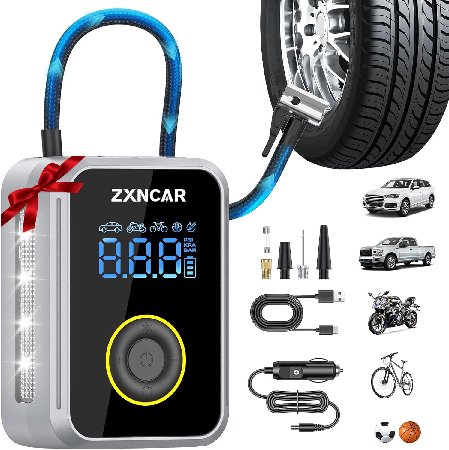 Cordless Rechargeable Battery and 12V DC Tire Inflator Portable Air Compressor, Auto air Pump for Car tires with Pressure Gauge 200PSI 4X Smart Fast Inflation for Cars Bicycles Motorcycles Balls