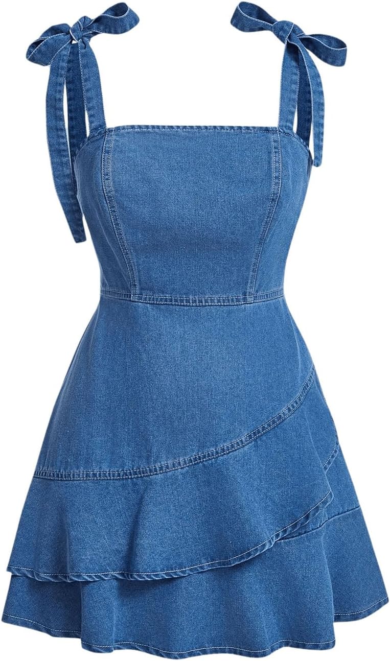 SHENHE Women's Tie Shoulder Sleeveless Denim Mini Dress Layered Ruffle Hem Jean Dress