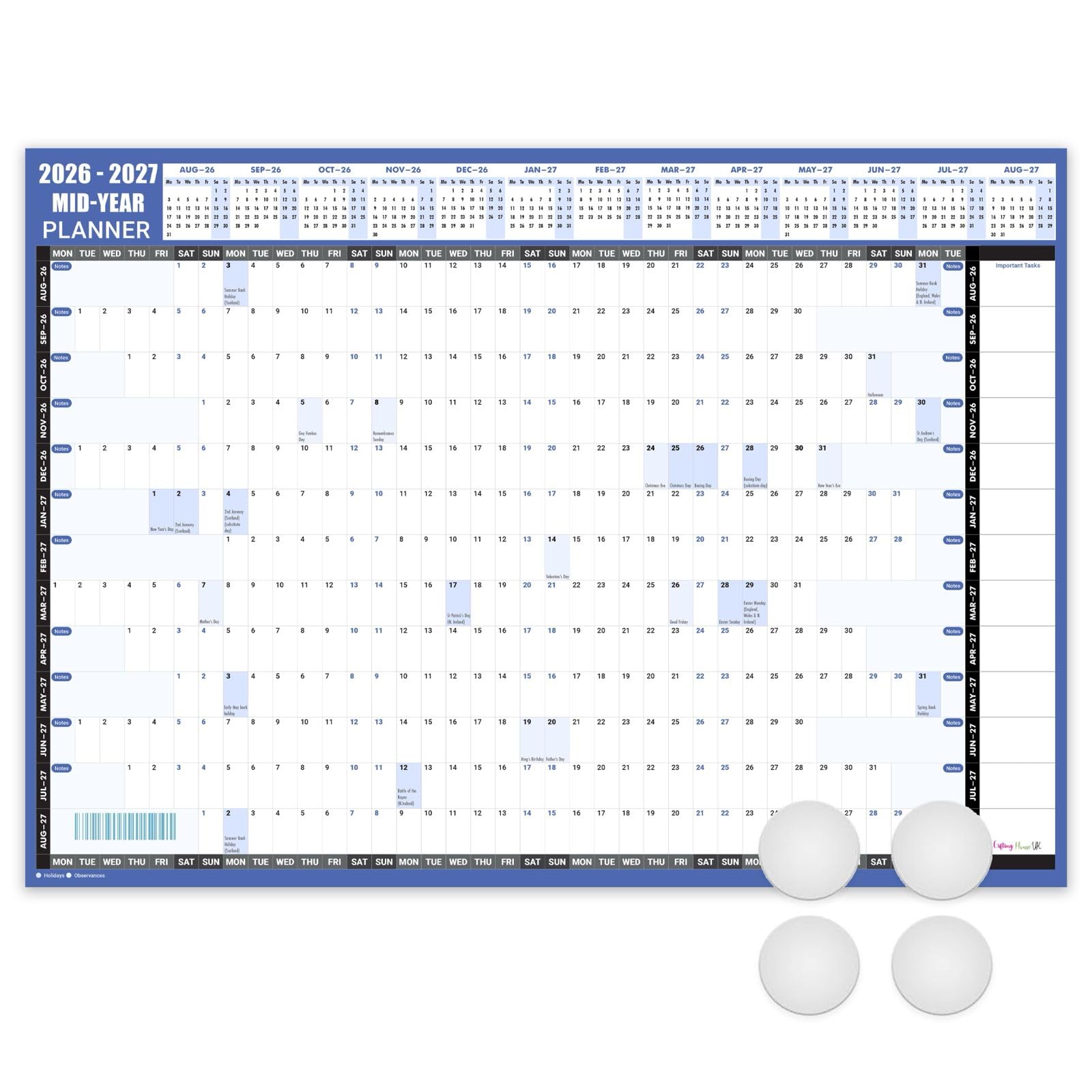 Giftinghouse A2 Academic Wall Planner 2026-2027 (59.4 x 42cm) Laminated Blue– Mid Year Calendar From August 2026 to August 2027 UK Holidays Marked for Student Teachers Office Home