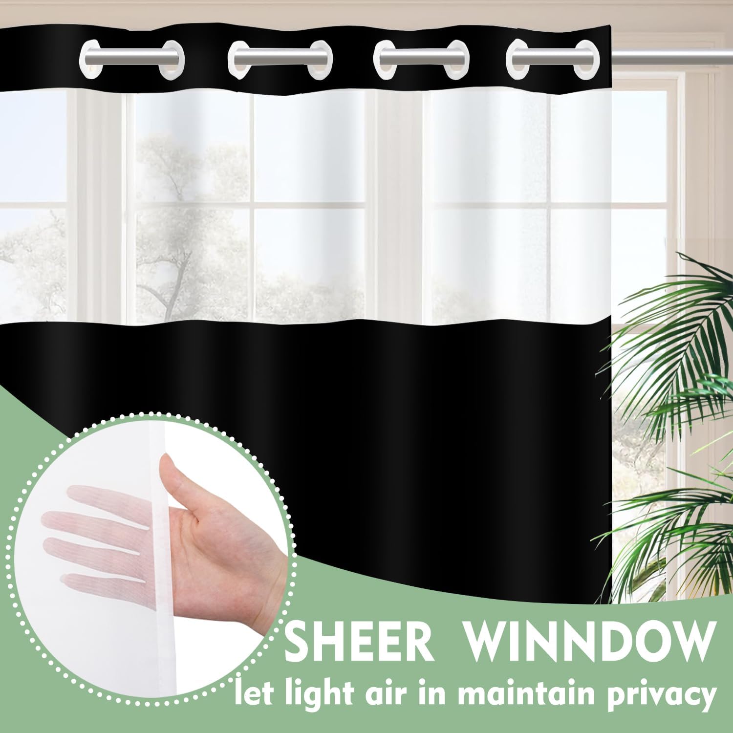 Black No Hook Shower Curtain with Snap in Liner Set,Modern Fabric Shower Curtains for Bathroom Hotel Style Decor 71x74