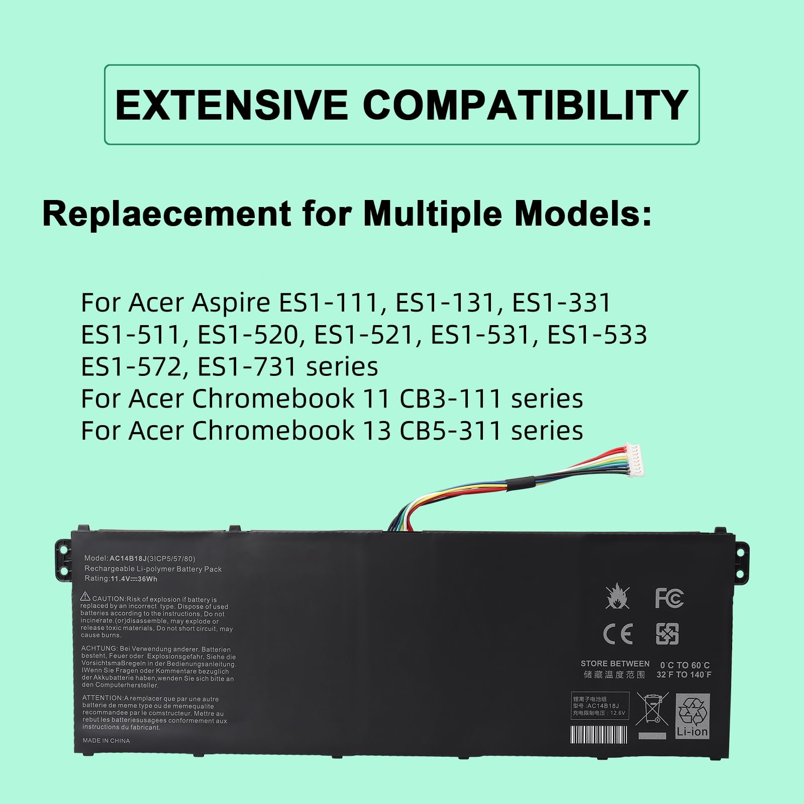 Exmate Batterie 3400mAh AC14B13J AC14B18J Compatible Acer Aspire ES1 Et Chromebook - 11.1V Li-ion