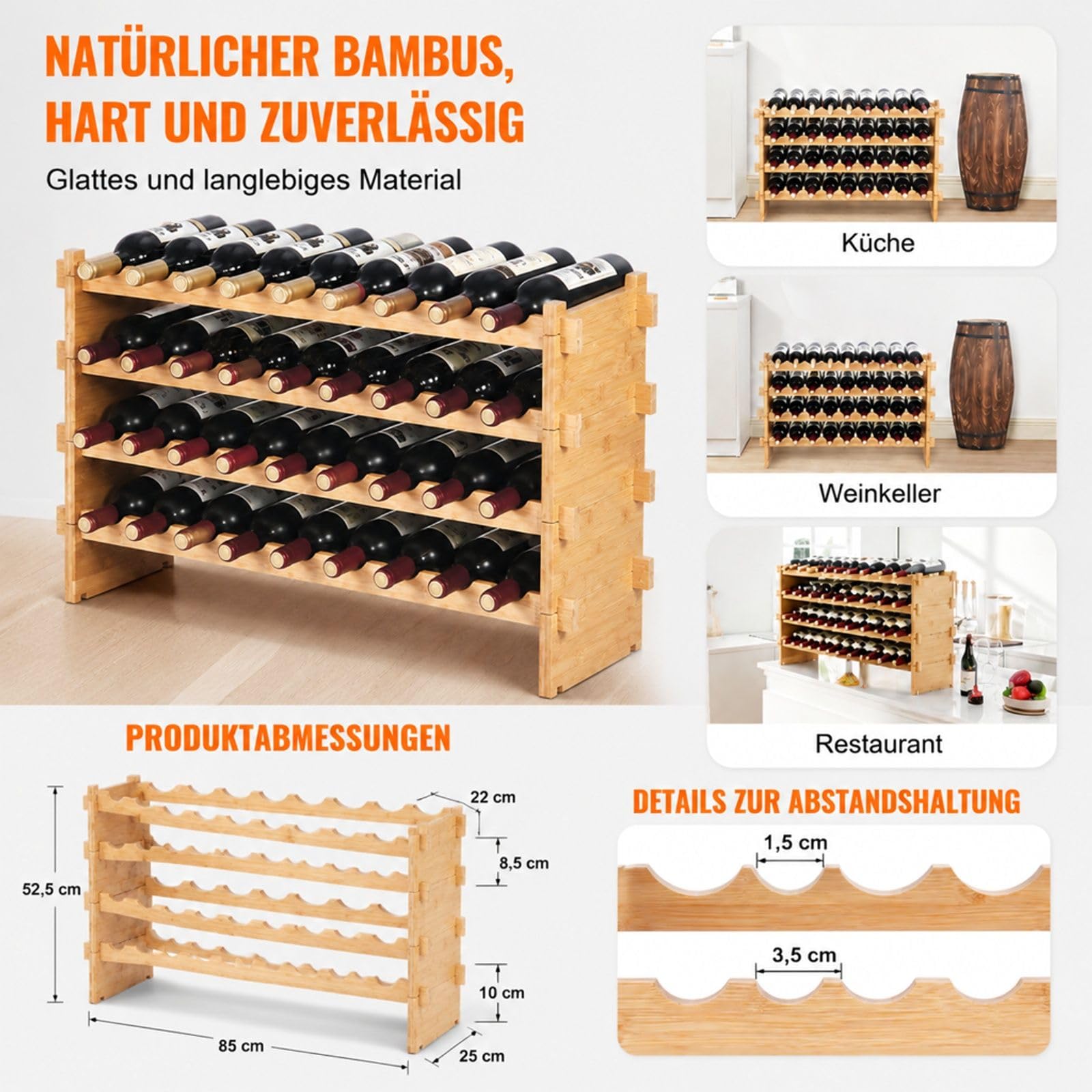 Weinregal aus Bambus für 36 Flaschen, stapelbares Flaschenregal mit 4 Ebenen für Küche, Keller oder Esszimmer