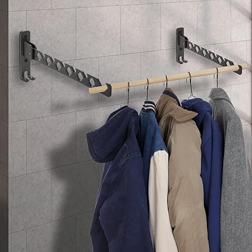 Miniatura 7 de Coloch Paquete de 2 estantes de secado de ropa montados en la pared, colgador de metal para secado de ropa plegable, organizador de ropa resistente