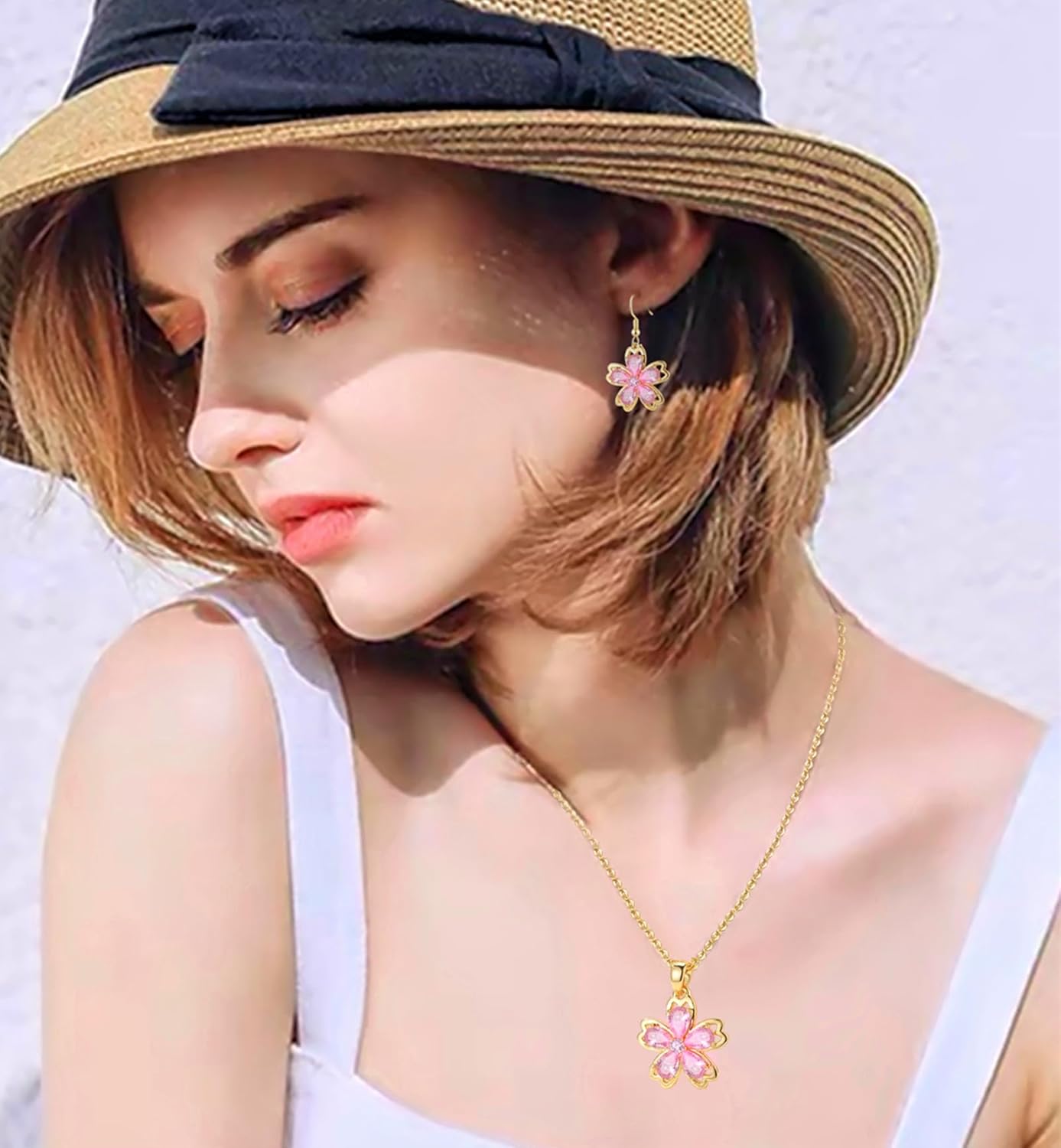 VONSSY Pink Cherry Blossom Necklace Earrings Cubic Zircon Crystal Flower Flora Sakura Pendant 18k Gold Plated Chain Silver Post Stud Jewelry Set Gift for Woman Wife Girlfriend Mom - Image 3