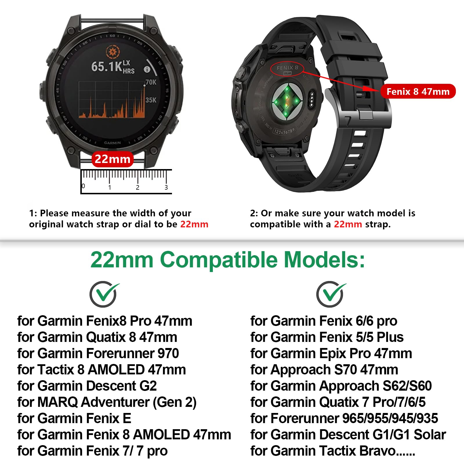 EZMVZKU 22mm Quickfit Cinturino in Silicone per Garmin Fenix 8 47mm/Fenix E/7/7 Pro/6/6 Pro/5/5 Plus,Cinturino di Ricambio Sportivo per Descent G1 Solar/Forerunner 965 935/Approach S70 47mm/S62/S60