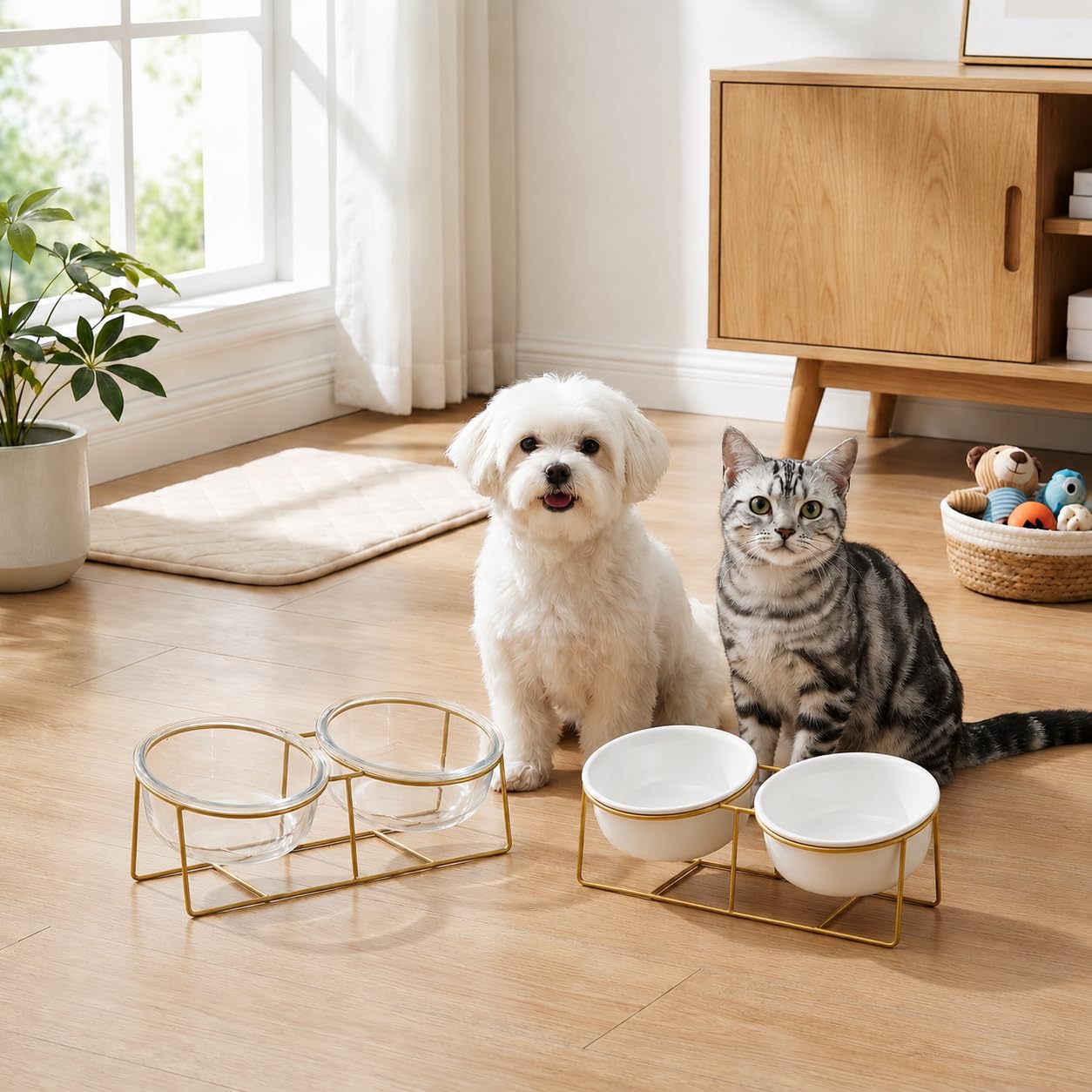 Gamelle surélevée pour chien et chat - Gamelle en céramique pour nourriture et eau - Gamelles confortables pour animaux domestiques avec support en fer doré