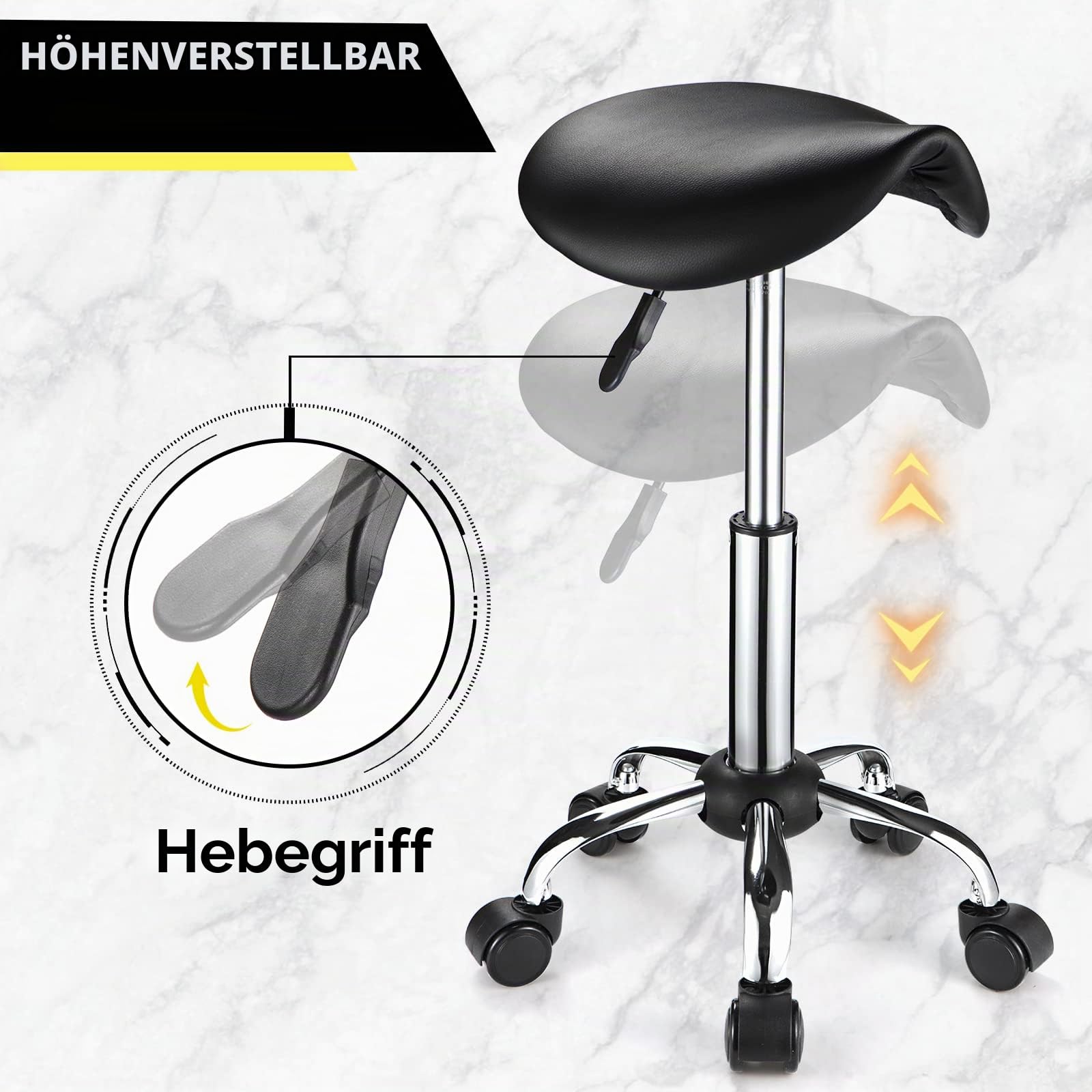 Sattel Rollhocker mit Rädern PU Leder Höhenverstellbare Drehhocker Stuhl Schwarz