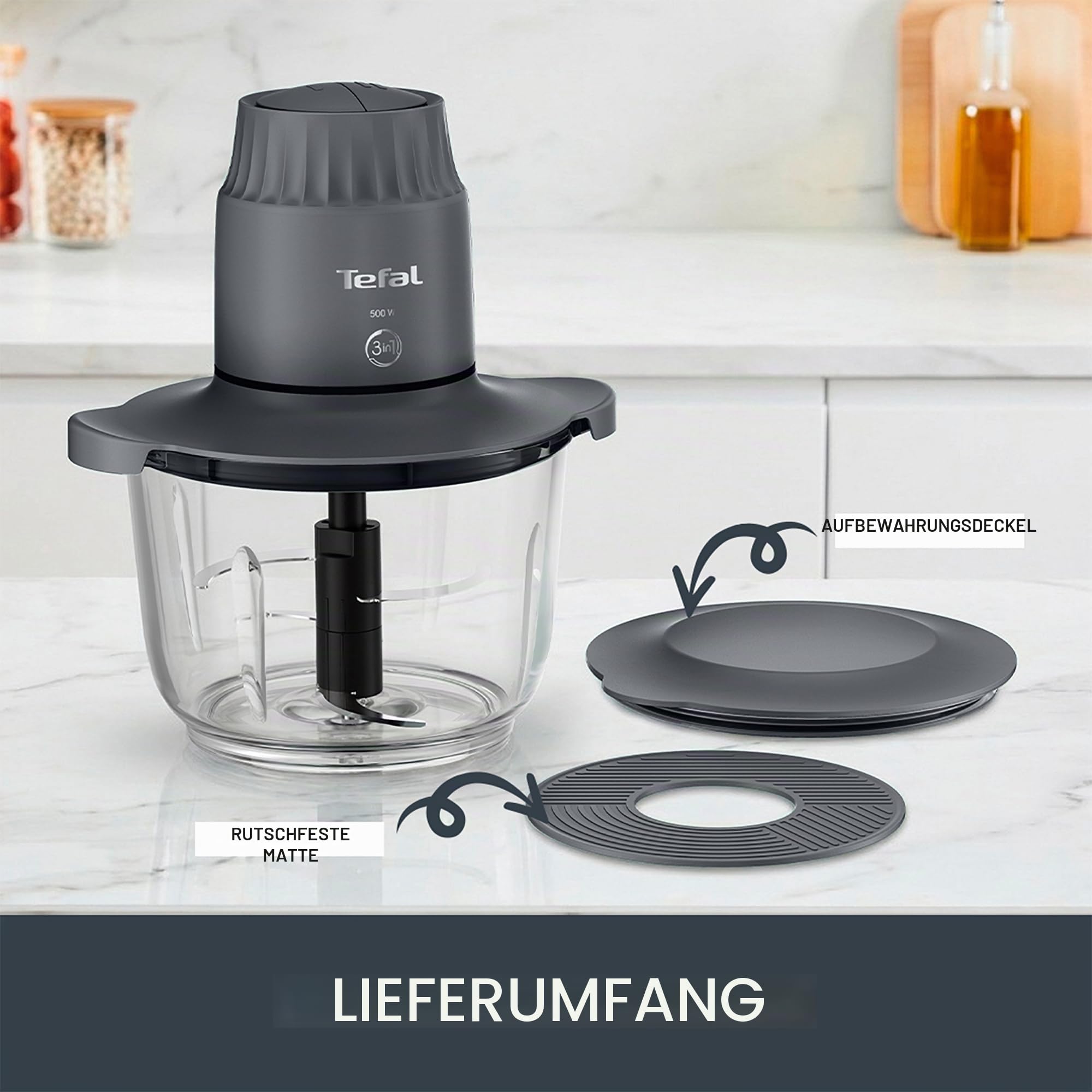 Tefal Choppeo XXL Zerkleinerer Kapazität, 2L Glasschüssel, Küche Mini Küchenmaschine, Anti-Rutsch-Matte, Aufbewahrungsdeckel für Reste, 2 Geschwindigkeiten, 500W, Hummus, Gemüse, Grau MB603BG1