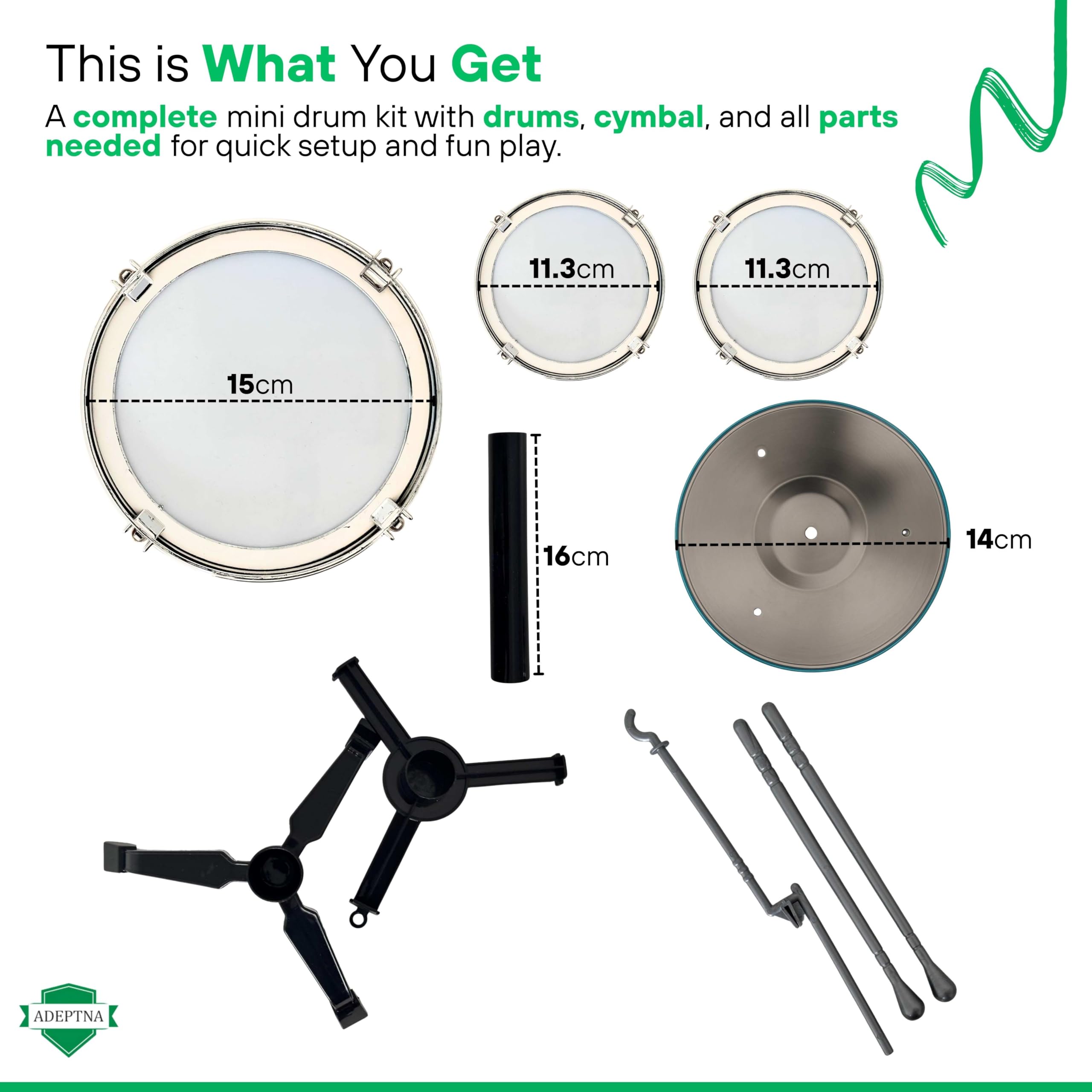 ADEPTNA Desktop Drum Kit Mini Tabletop Drum Set including 3 Drums Cymbal Drumsticks Fun Musical Toy for Adults & Kids Easy Assembly Stress Relief Hilarious Gift for Music Lovers - Image 2