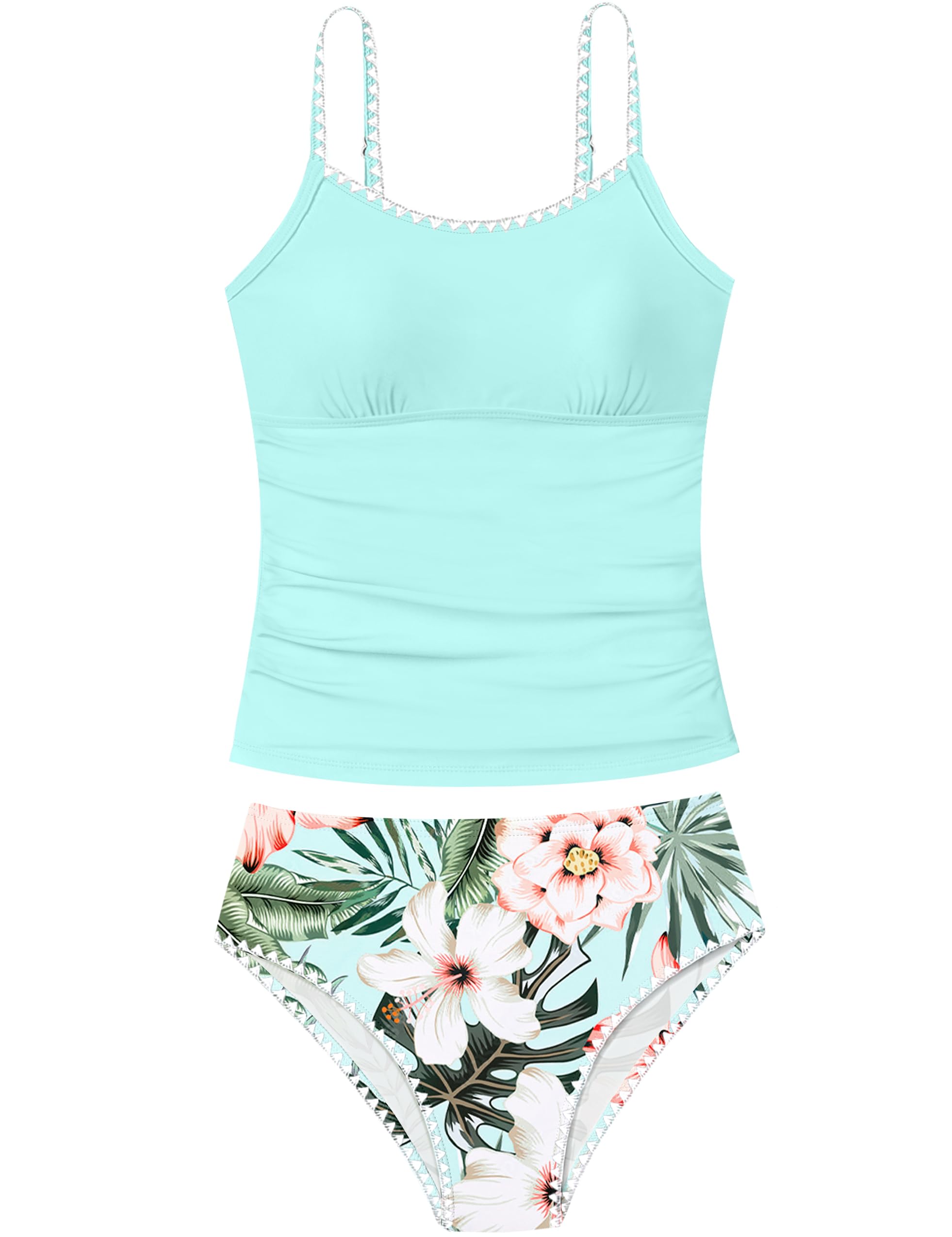 Girls Swimsuit Solid Color Tankini Contrast Trim Swimwear 2 Piece Bathing Suit Padded Swimsuits for Teens 9-16Y