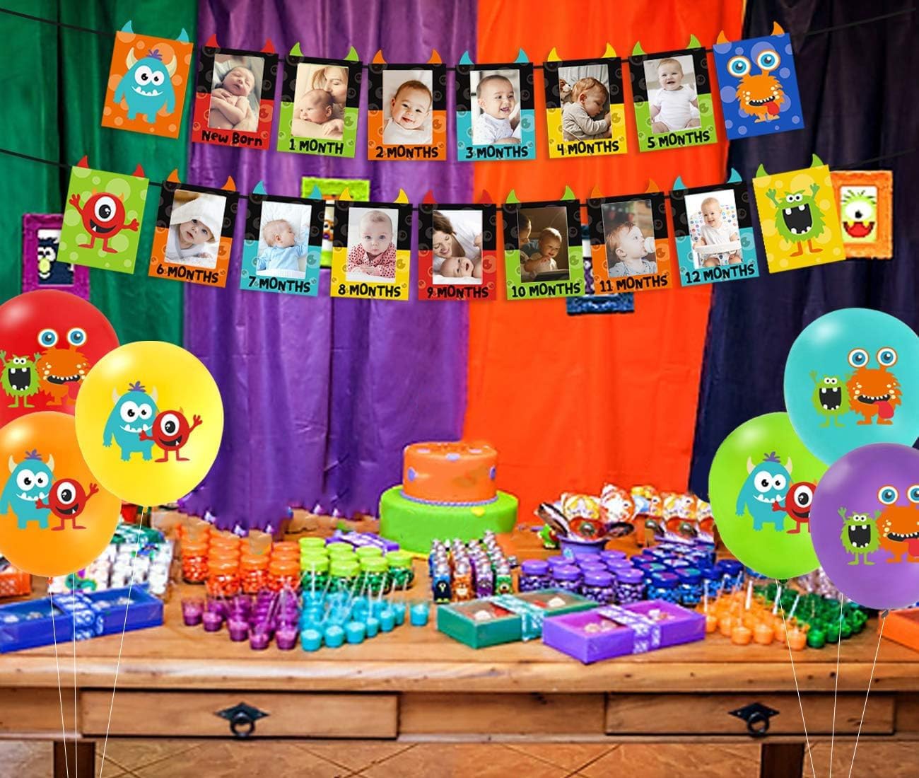 Monster 1st Birthday Decorations Kit Monster Theme Photo Banner Balloons Cupcake Toppers One High Chair Banner for Little Monsters Party Supplies