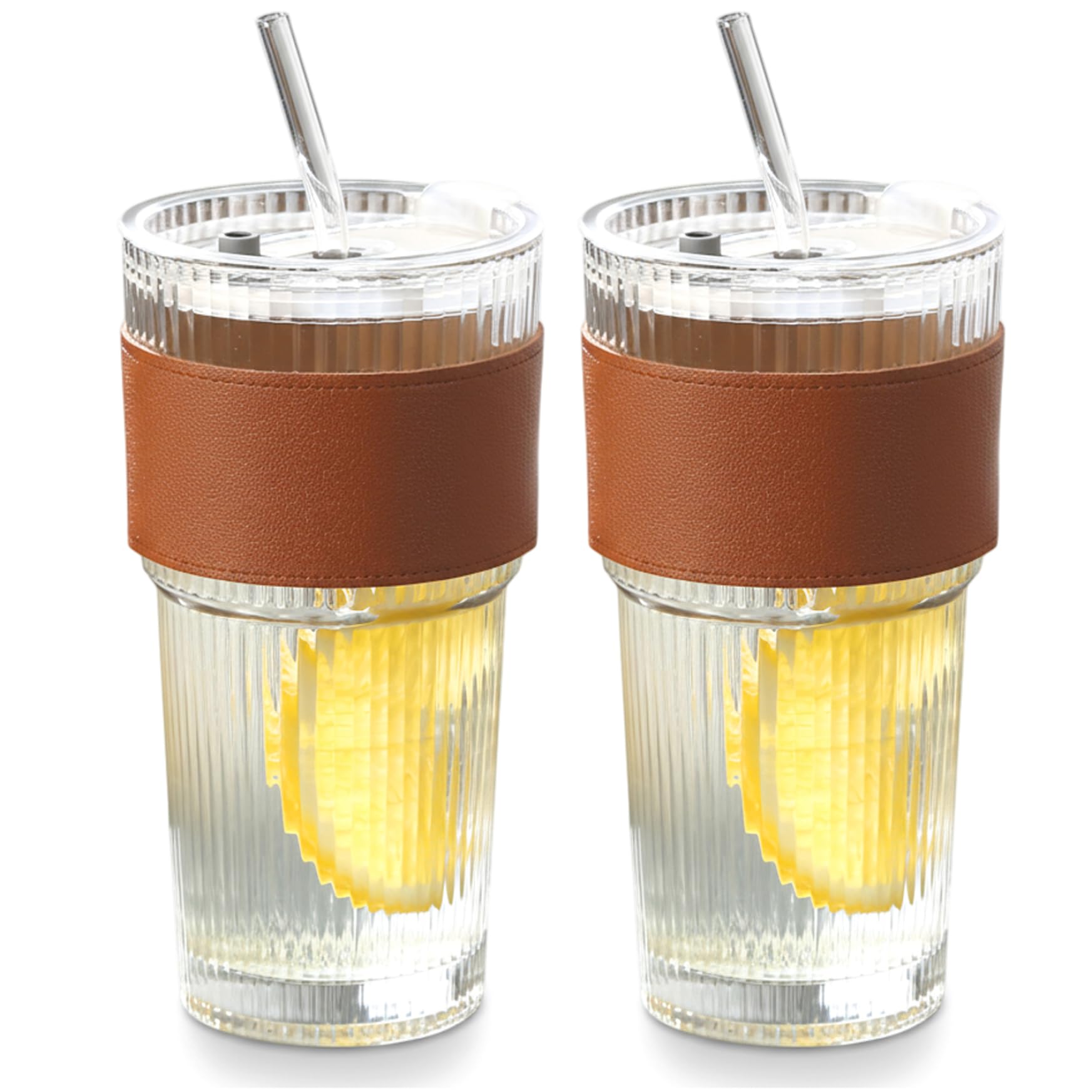 Gobelet à café glacé haut de gamme en verre cannelé portable de 21 oz avec paille et couvercle