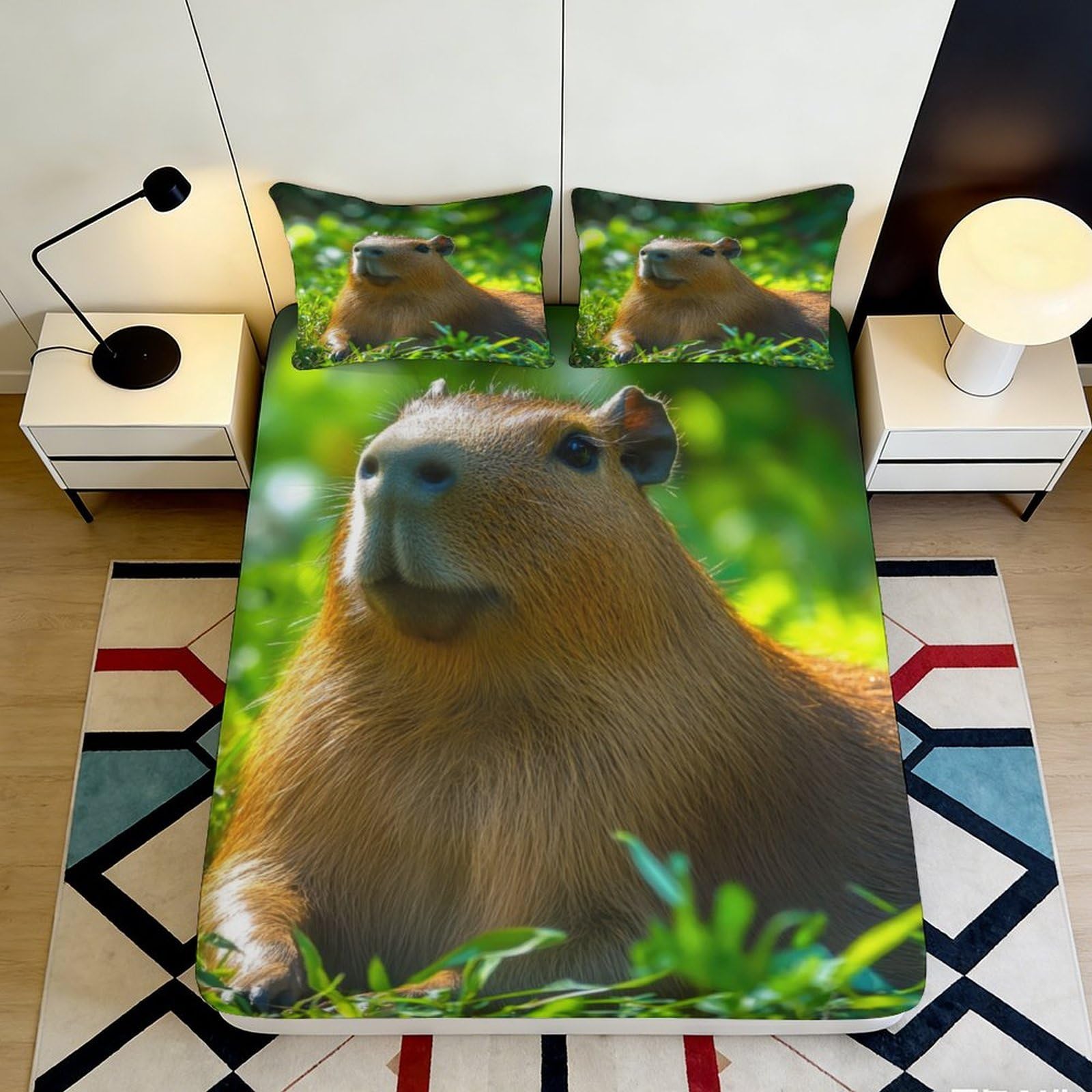 3D Printed Capybara Fitted Sheet Microfiber Soft Breathable Nature Green Bed Cover for Bedroom Dormitory Guest Room Mattress Protection Decor 180x200x25cm